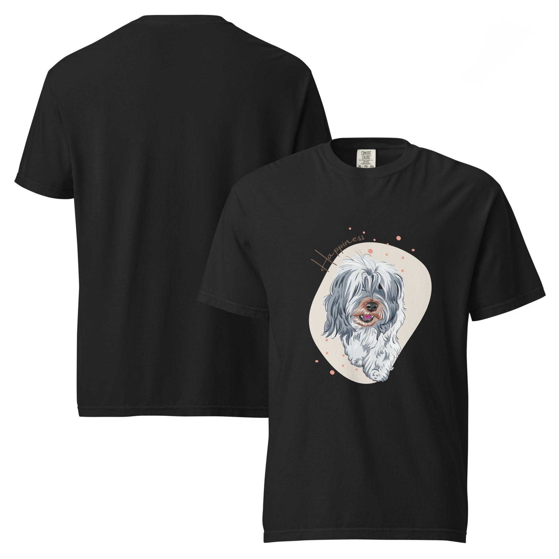 Black happiness dog shirt for women with a cute fluffy dog illustration on front