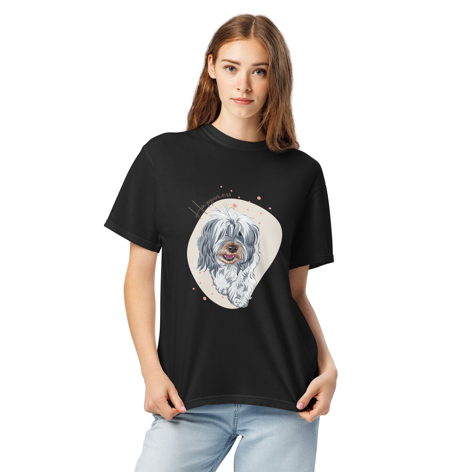 Black happiness dog shirt for women with cute dog graphic by Pet Treasures Studio