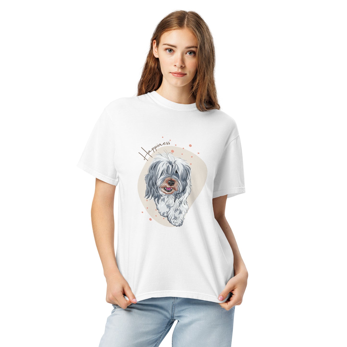 Happiness dog shirt for women white tee with cute dog graphic by Pet Treasures Studio