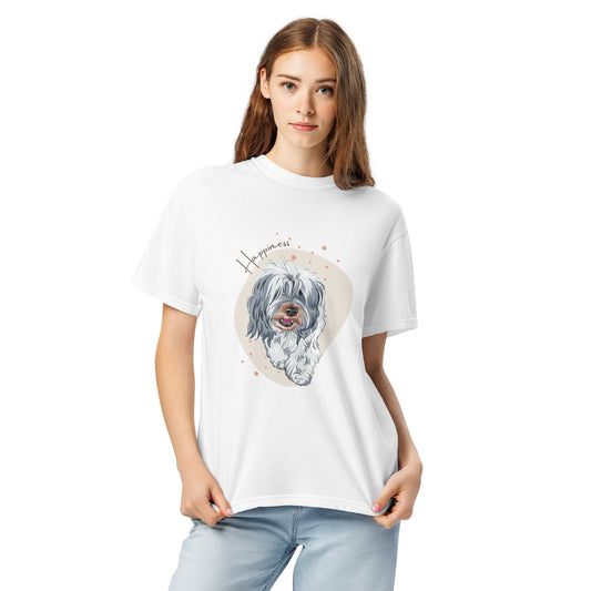 Happiness dog shirt for women white tee with cute dog graphic by Pet Treasures Studio