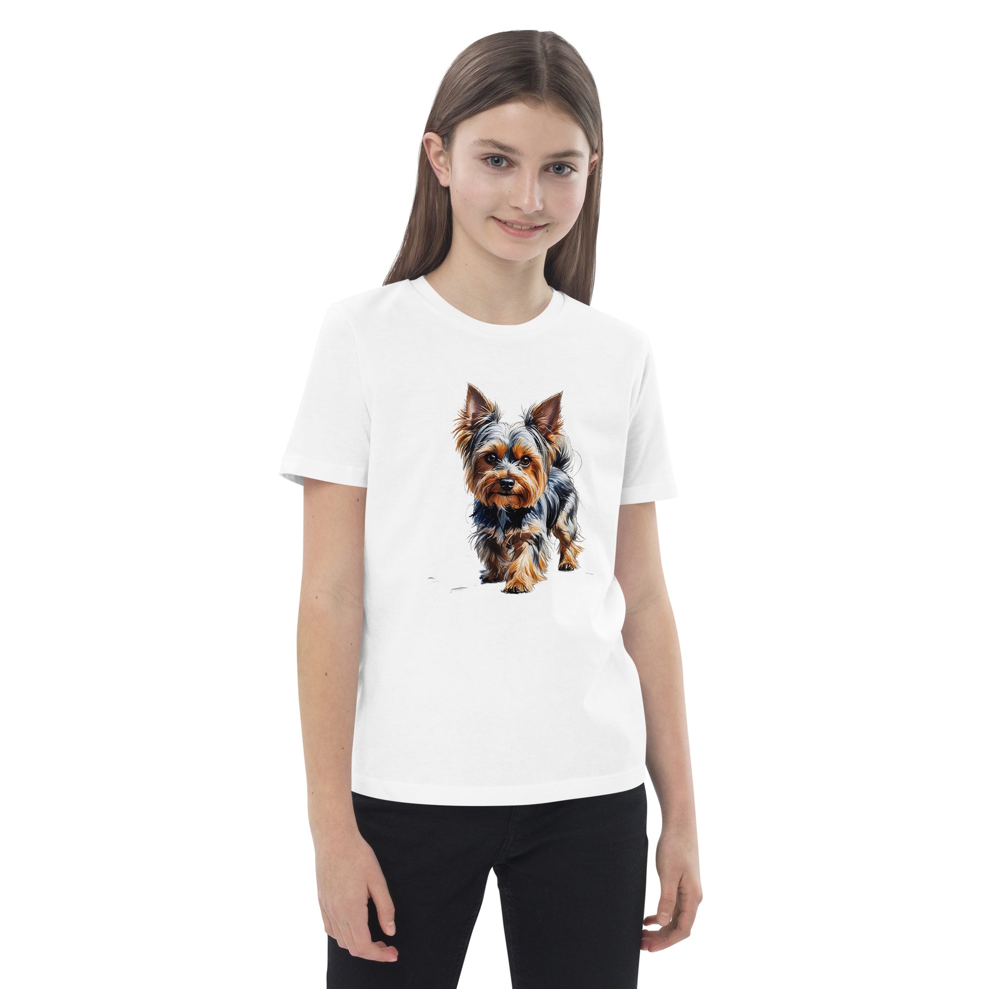 Girl wearing a white back to school Yorkie shirt with a realistic Yorkie dog print from Pet Treasures Studio