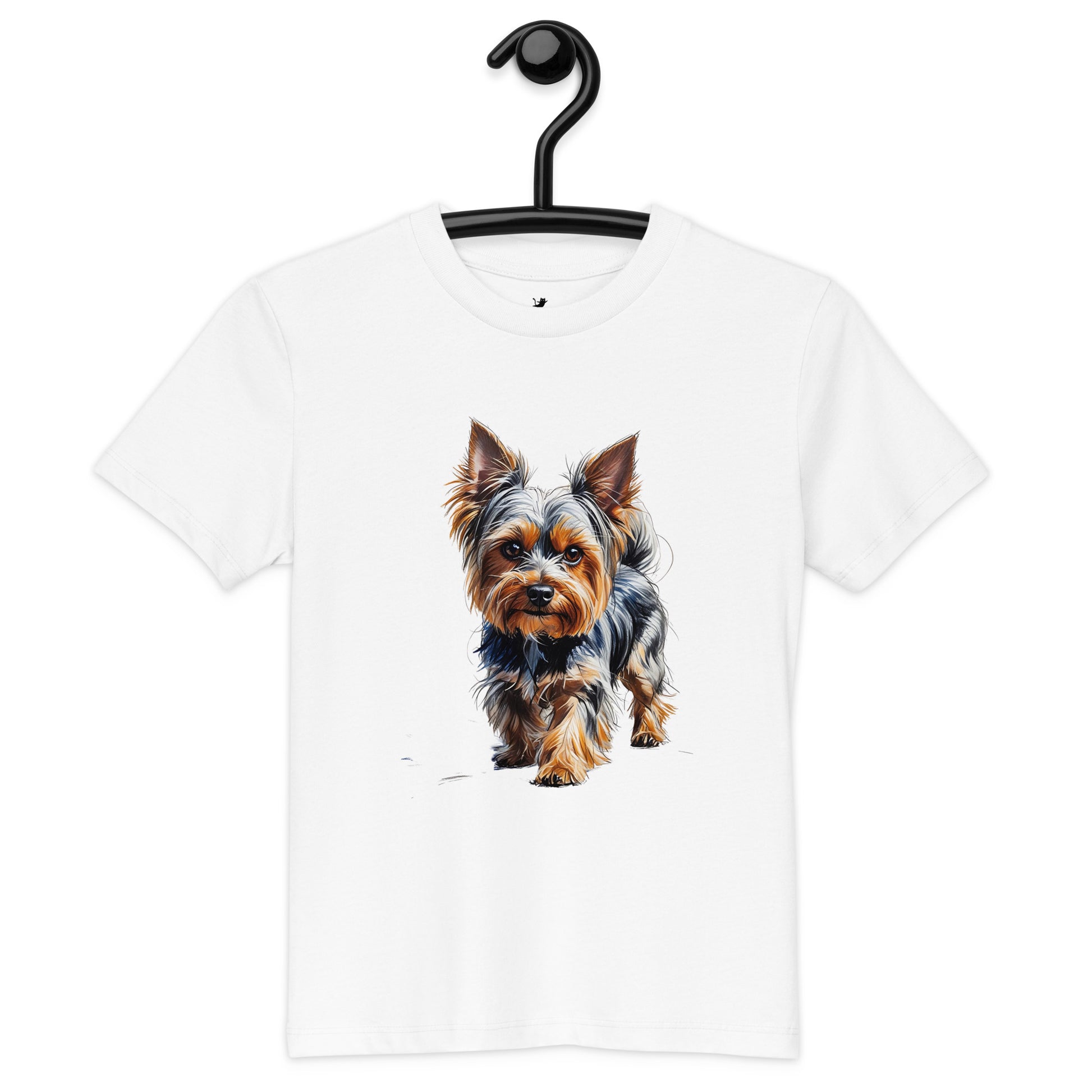 White T-shirt with realistic Yorkie dog print from Pet Treasures Studio back to school Yorkie shirt