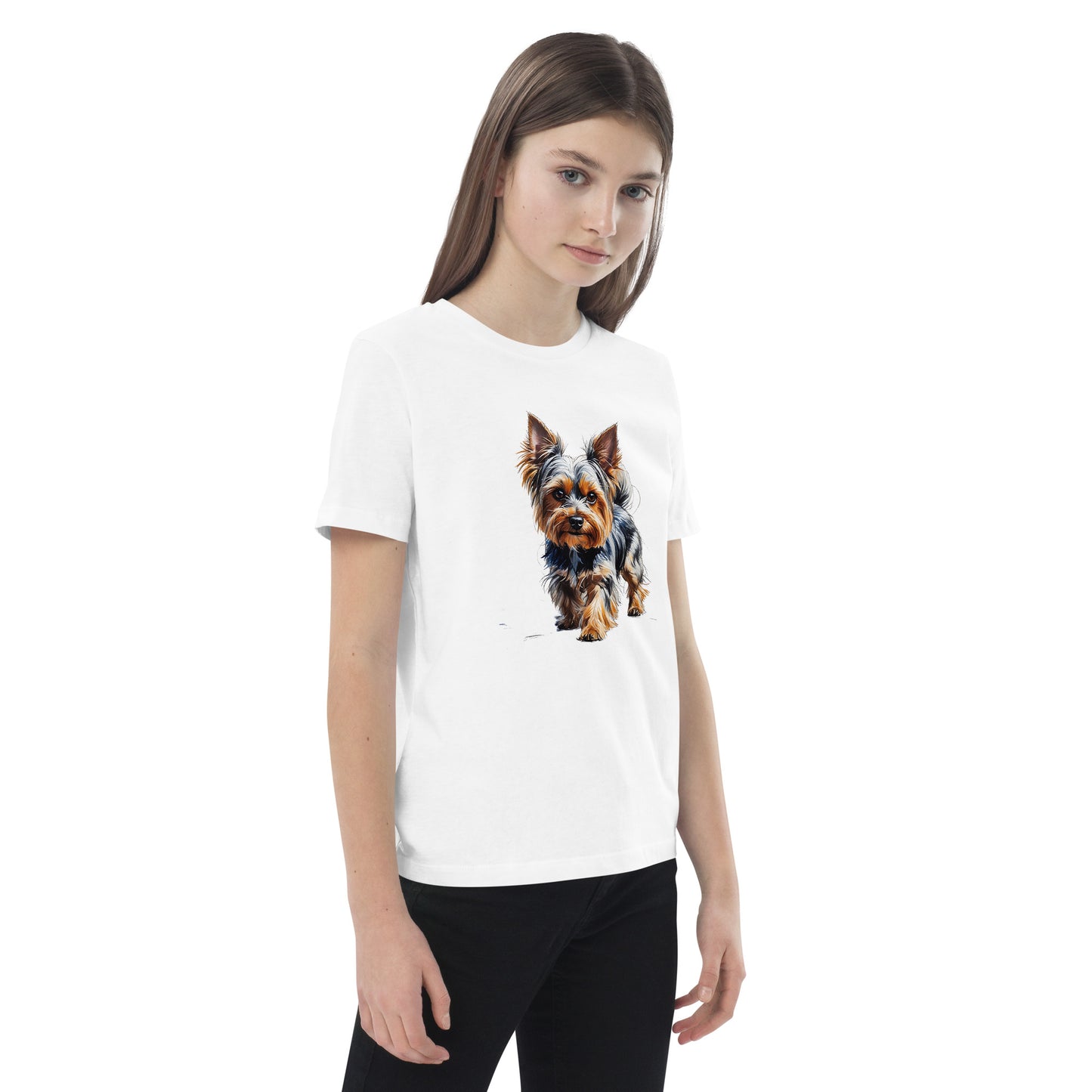 White back to school Yorkie shirt from Pet Treasures Studio featuring a realistic Yorkie dog print