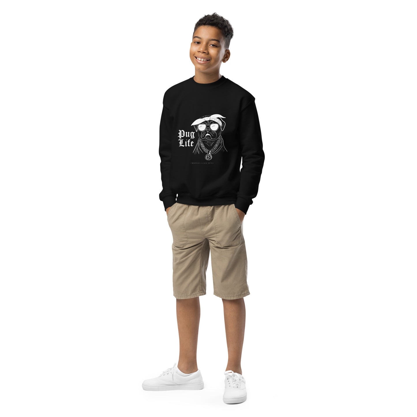 Boy wearing Pet Treasures Studio black kids pug themed clothing sweatshirt with pug graphic and khaki shorts
