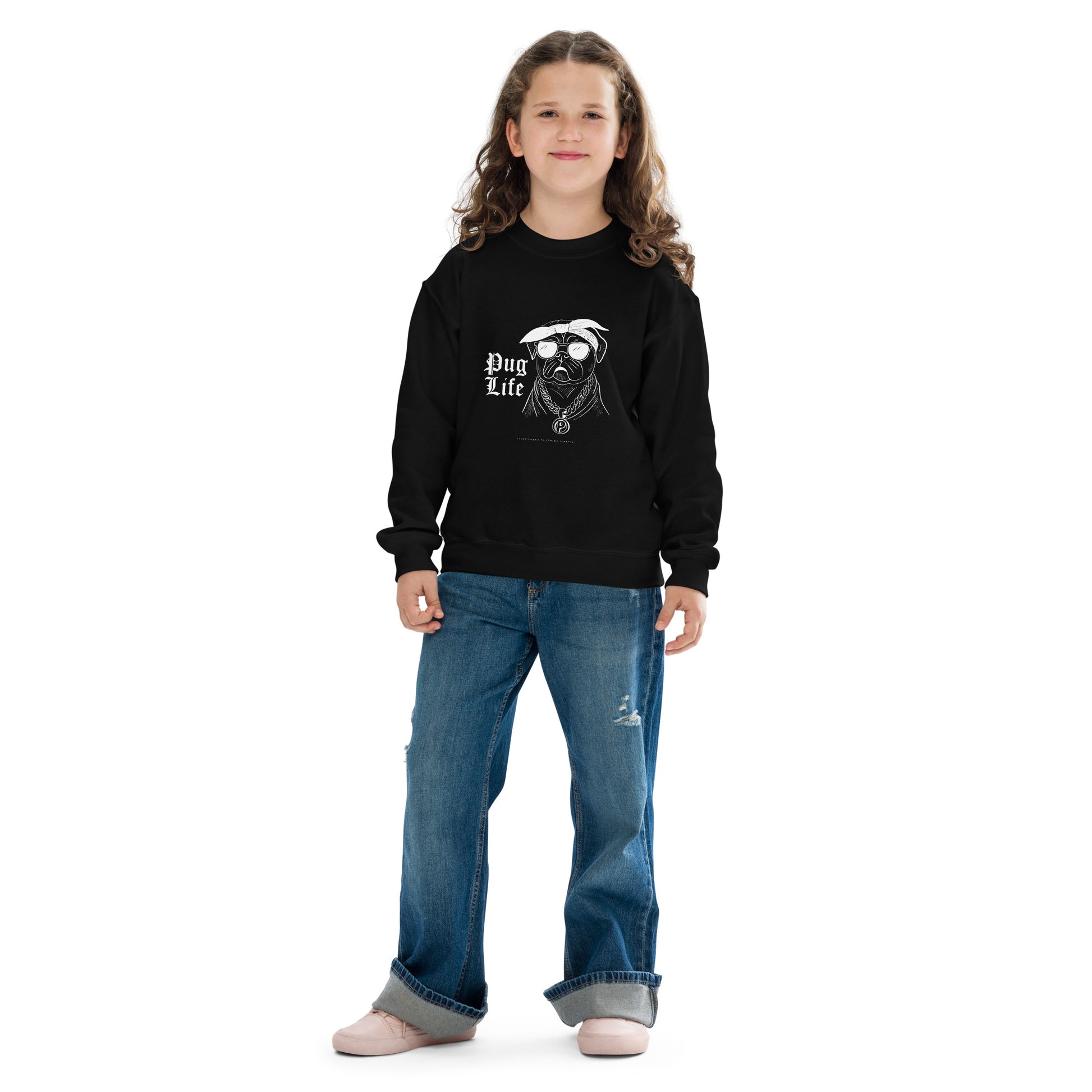 Kids black sweatshirt from Pet Treasures Studio with pug graphic and Pug Life text kids pug themed clothing