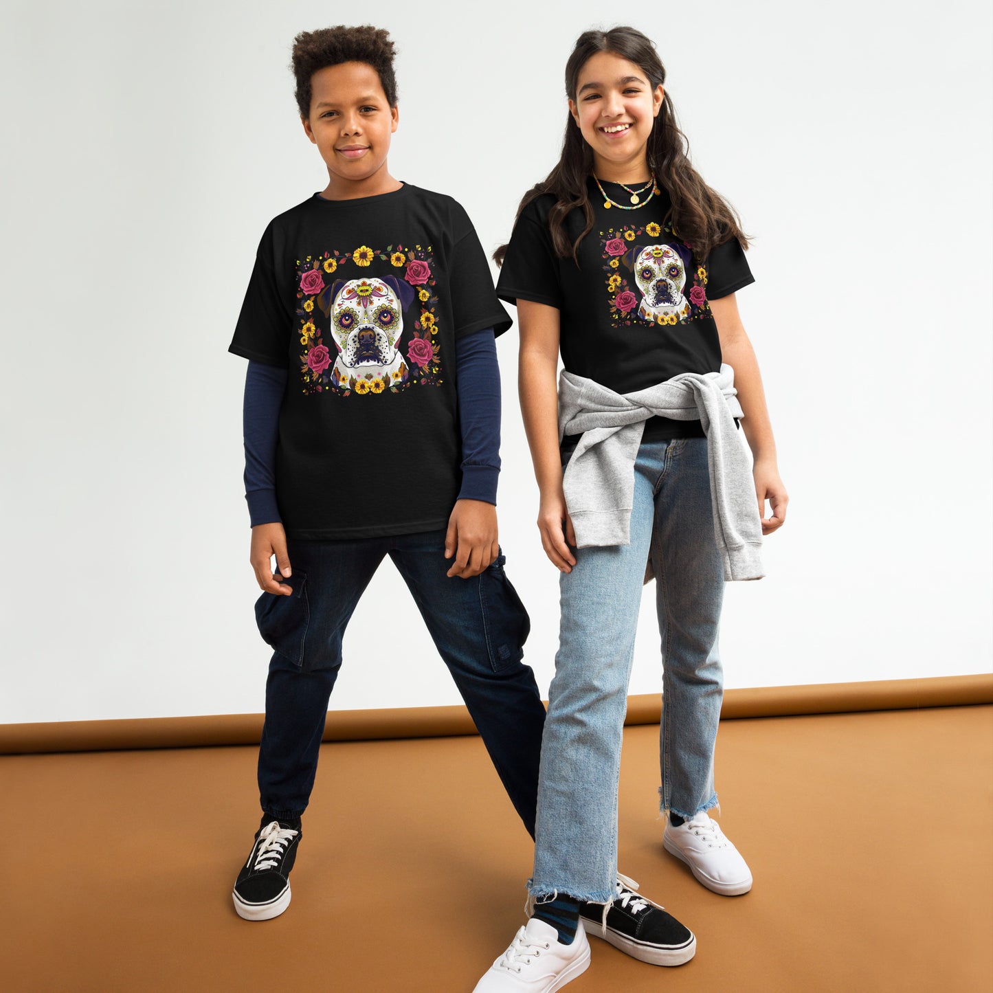 Kids skeleton dog Halloween shirt featuring a colourful design with floral accents on a black background
