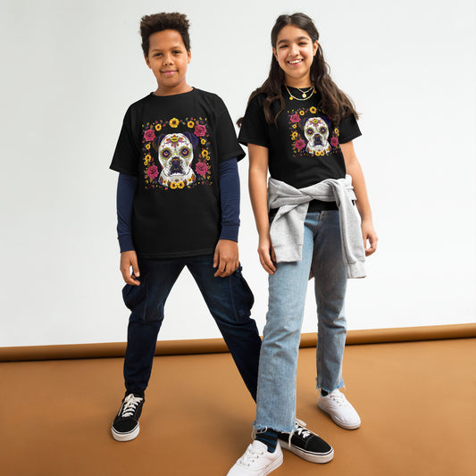 Kids skeleton dog Halloween shirt featuring a colourful design with floral accents on a black background