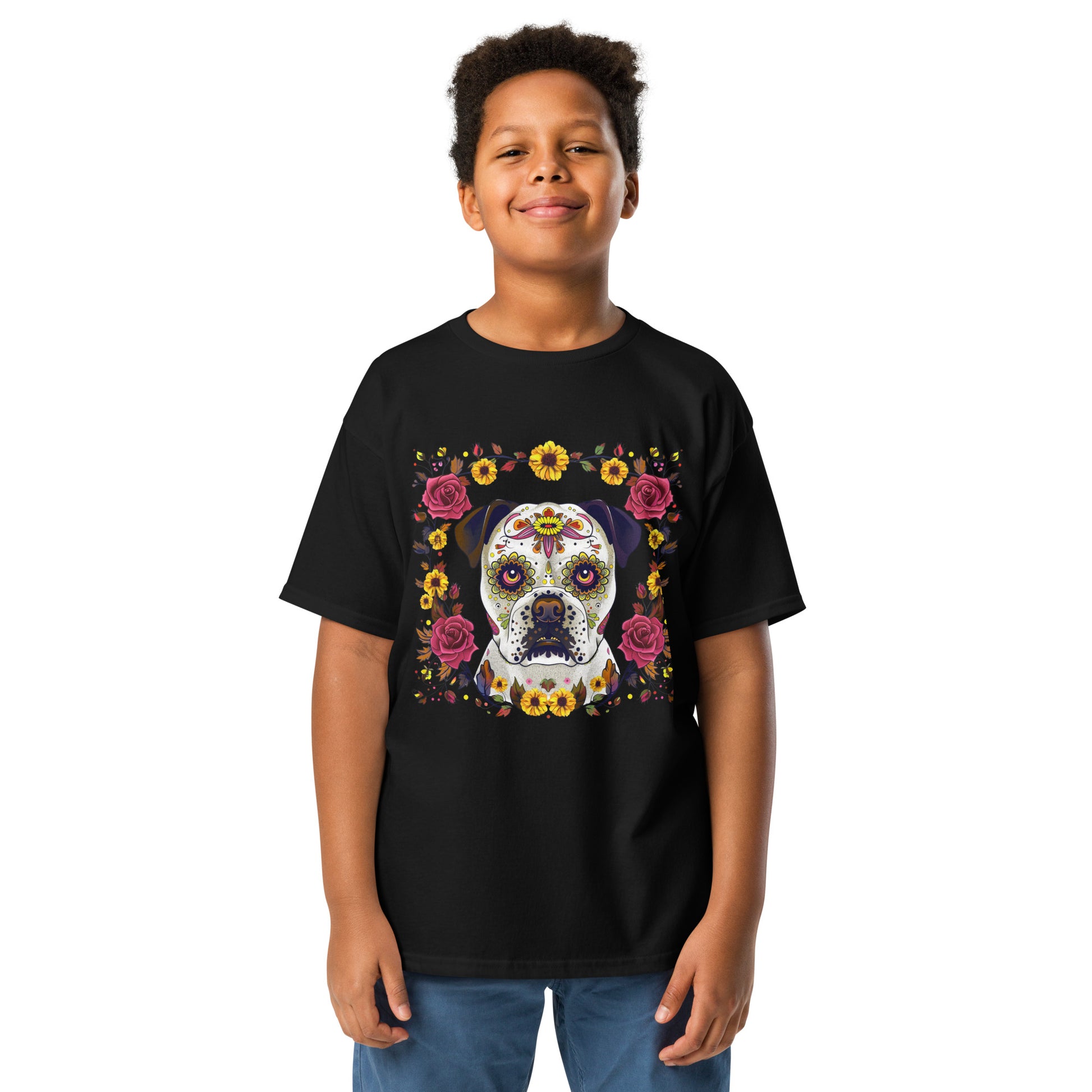 Kids skeleton dog Halloween shirt featuring a colourful floral design on a black background