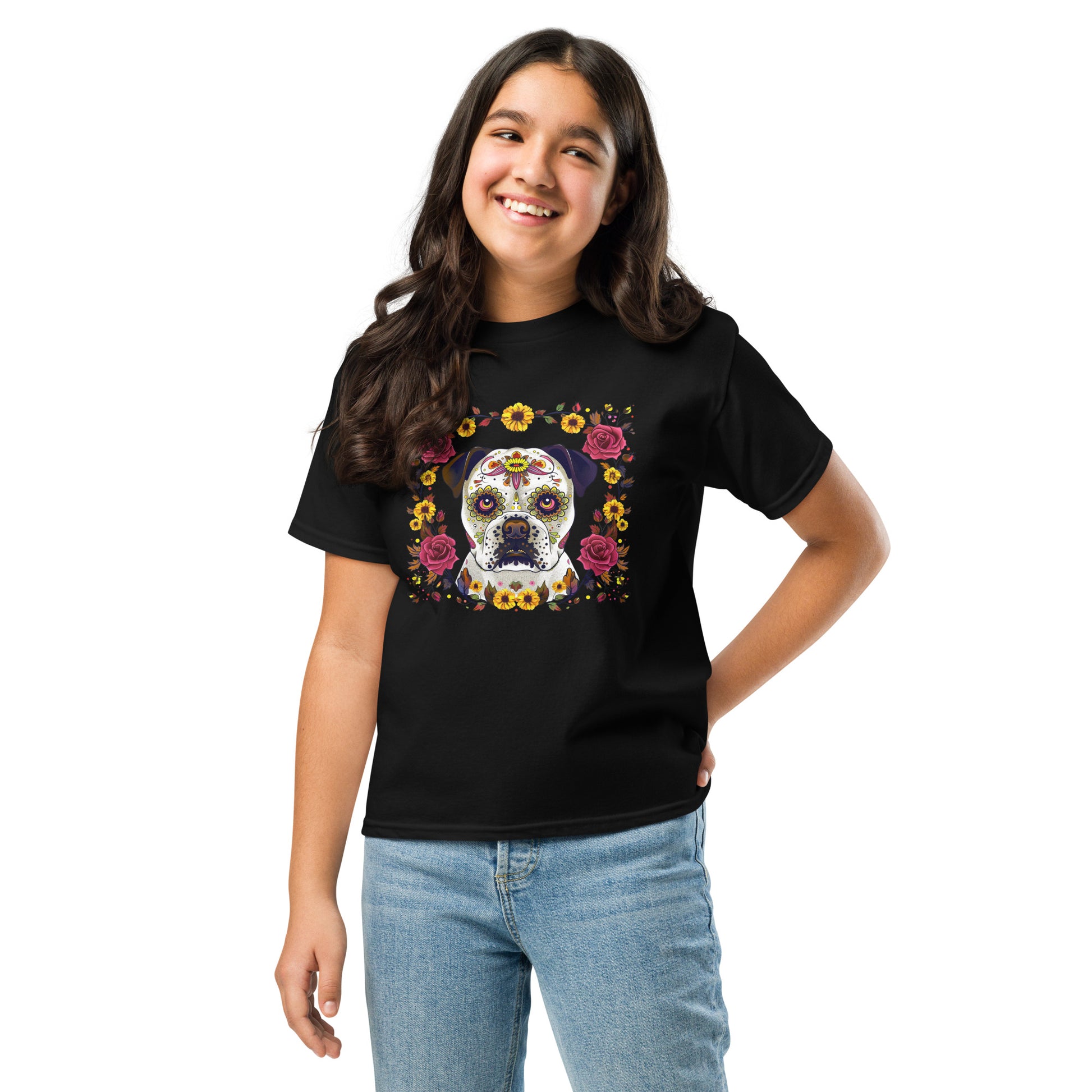Kids skeleton dog Halloween shirt featuring a colourful sugar skull design with floral accents