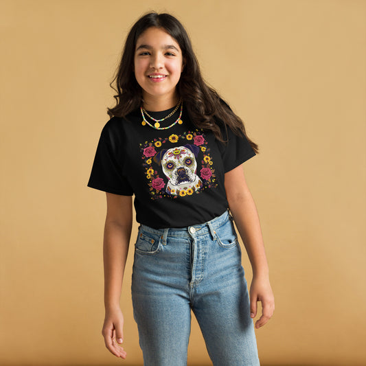 Kids skeleton dog Halloween shirt featuring floral designs and a playful dog illustration