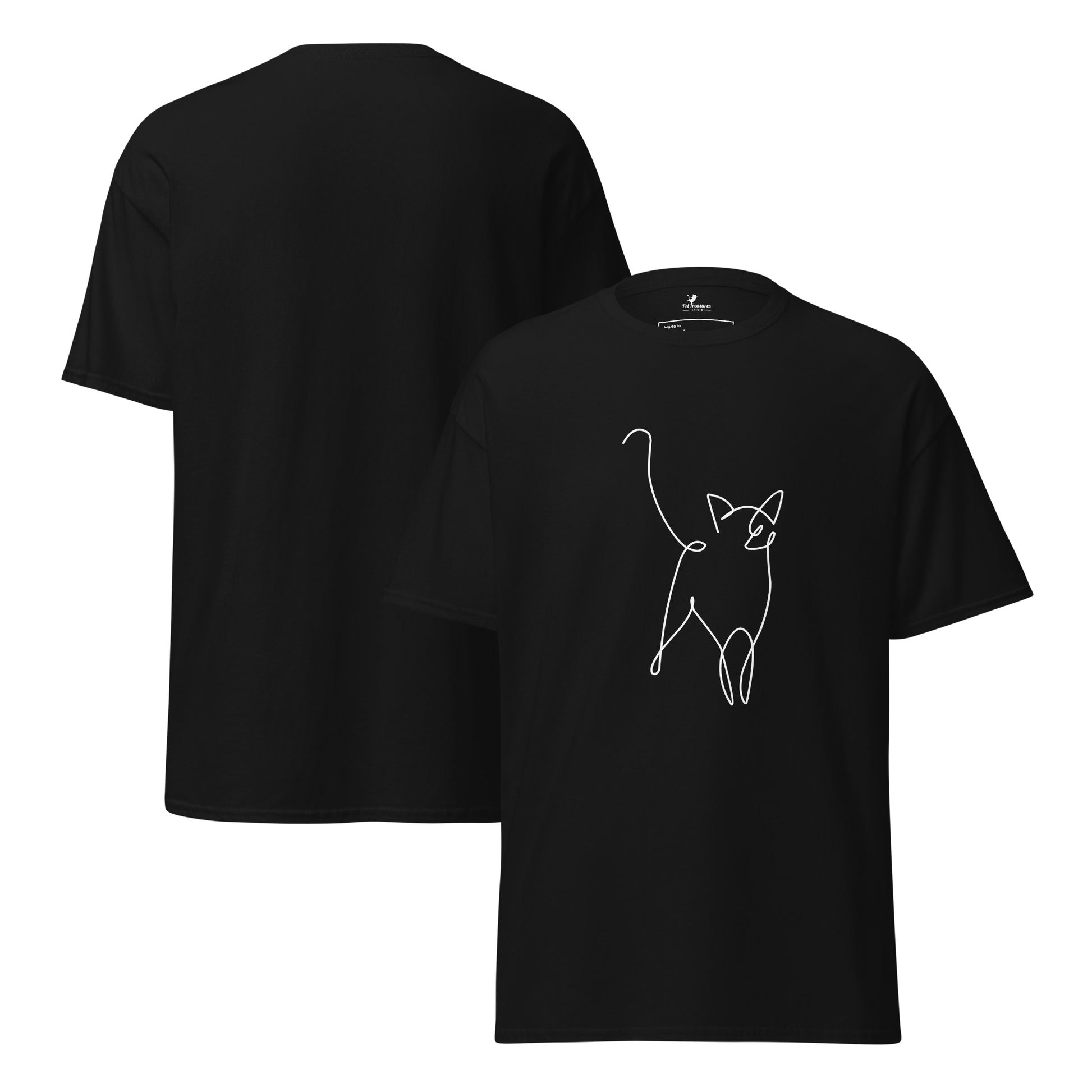 Pet Treasures Studio black cotton t shirt with white continuous line cat drawing cat silhouette t-shirt for pet lovers