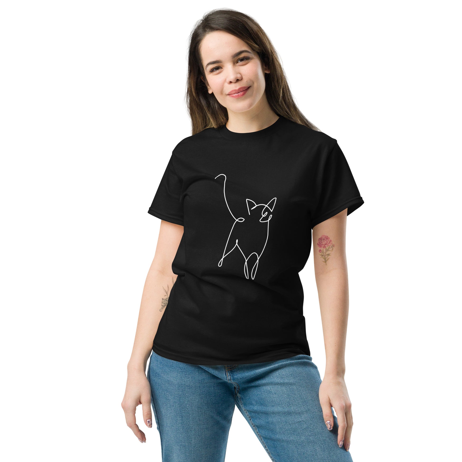 Pet Treasures Studio black cat silhouette t-shirt with white single line cat design on model wearing jeans
