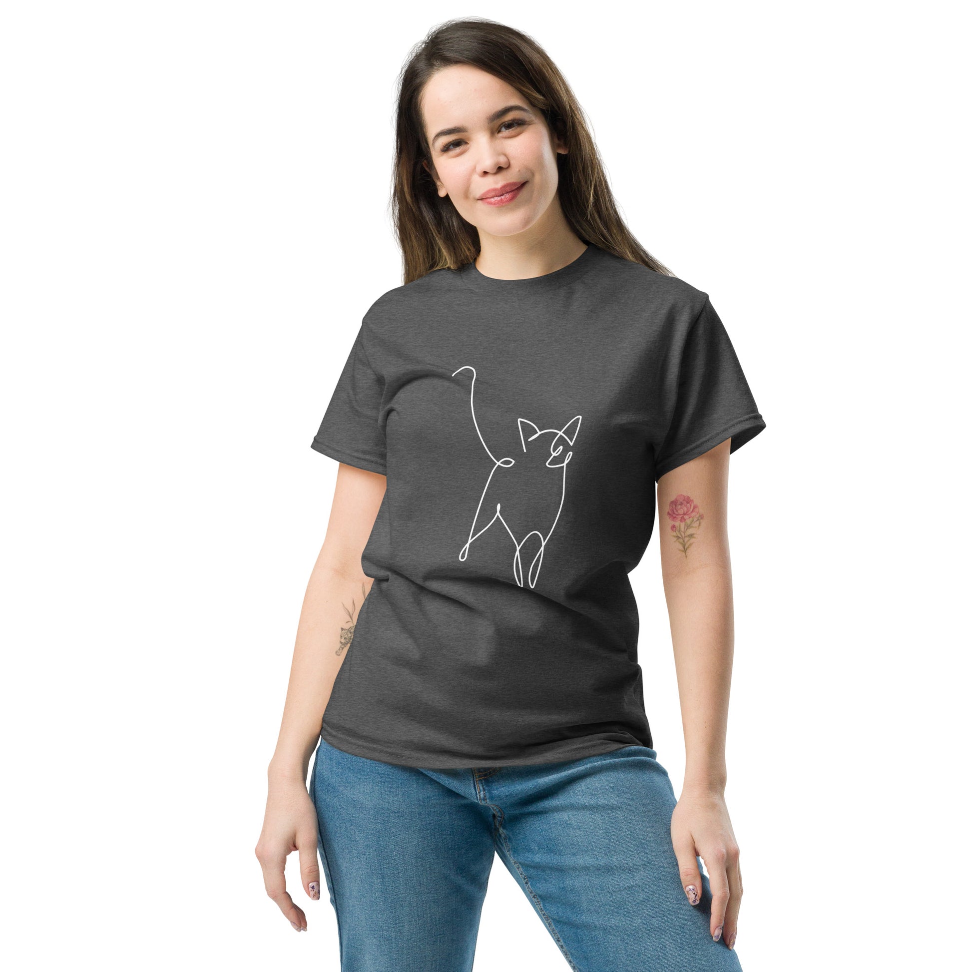 Pet Treasures Studio charcoal tee with white continuous line cat design on front model wearing jeans cat silhouette t-shirt