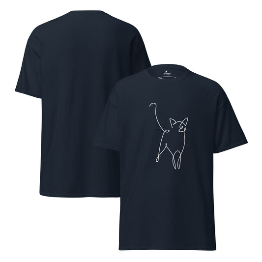 Pet Treasures Studio navy unisex t shirt with minimalist white continuous line cat design cat silhouette t-shirt