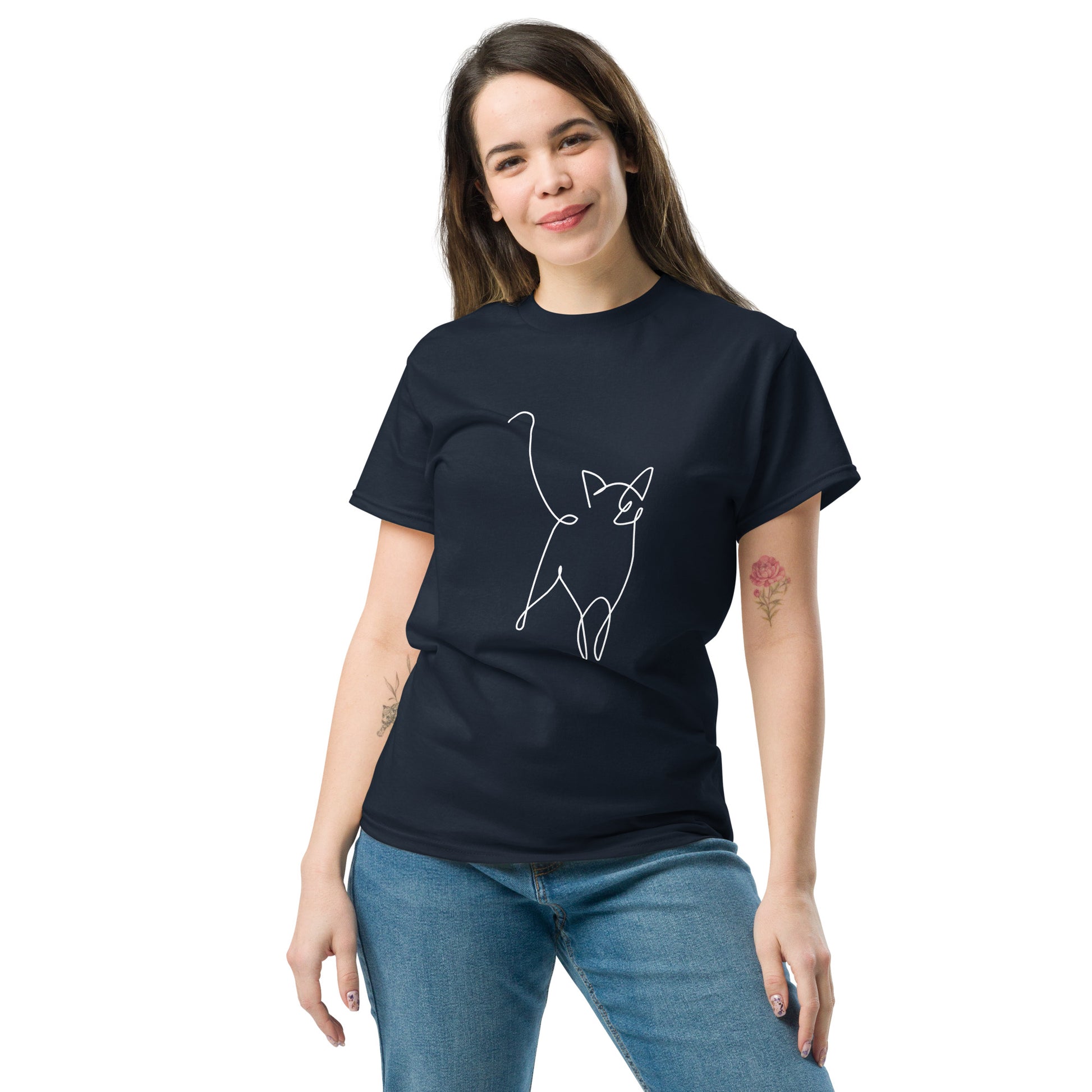 Pet Treasures Studio cat silhouette t-shirt navy unisex tee with white continuous line cat graphic worn by model