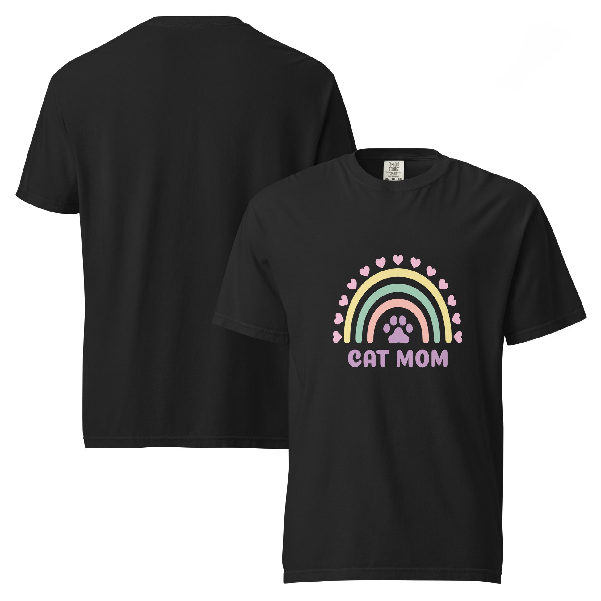 Pet Treasures Studio black T shirt with pastel rainbow paw graphic and CAT MOM text cute cat mom gift apparel
