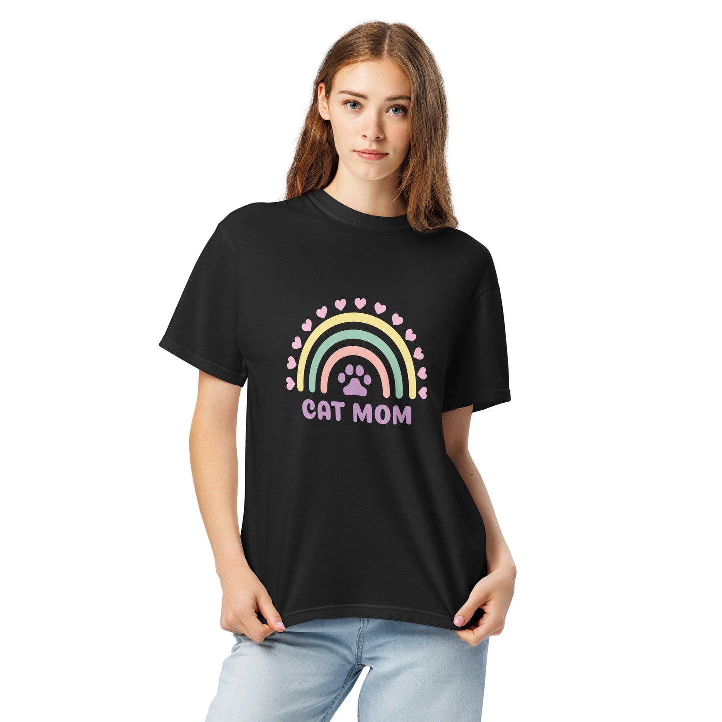 Pet Treasures Studio black T shirt with pastel rainbow and paw print and CAT MOM text model wearing cute cat mom gift apparel