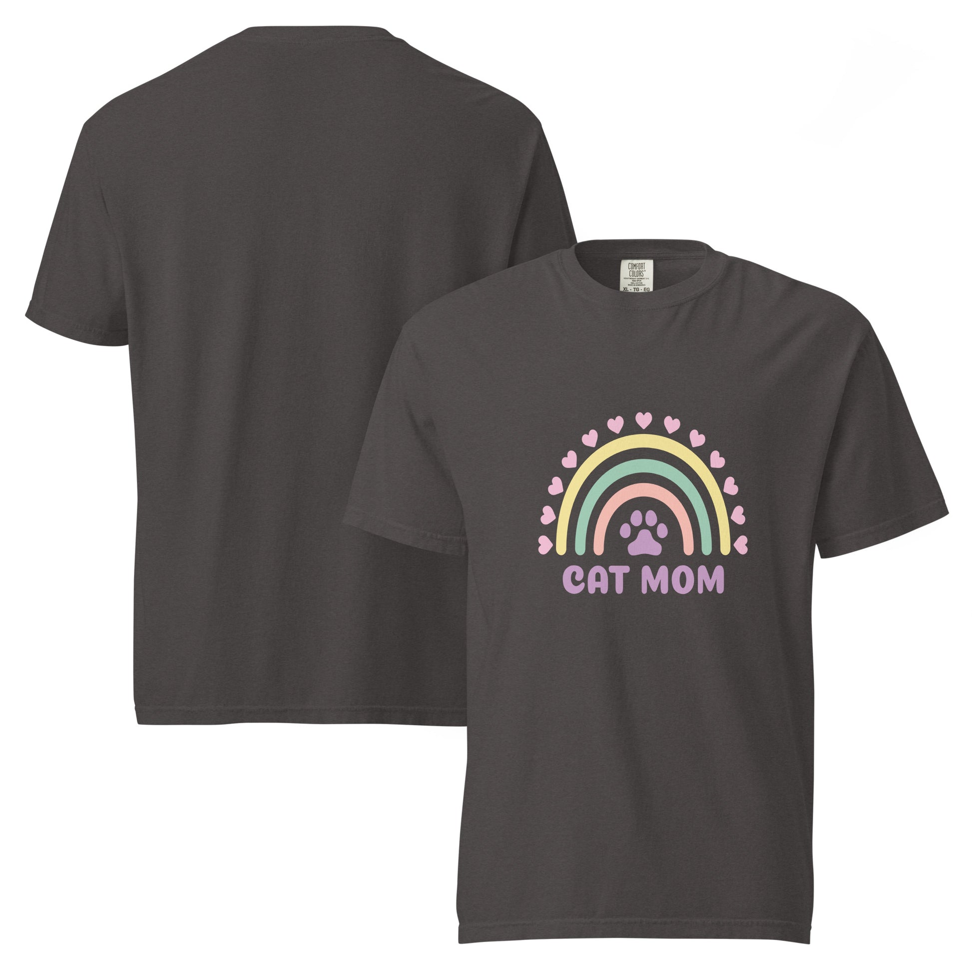 Pet Treasures Studio dark grey T shirt with pastel rainbow paw print and CAT MOM design cute cat mom gift apparel