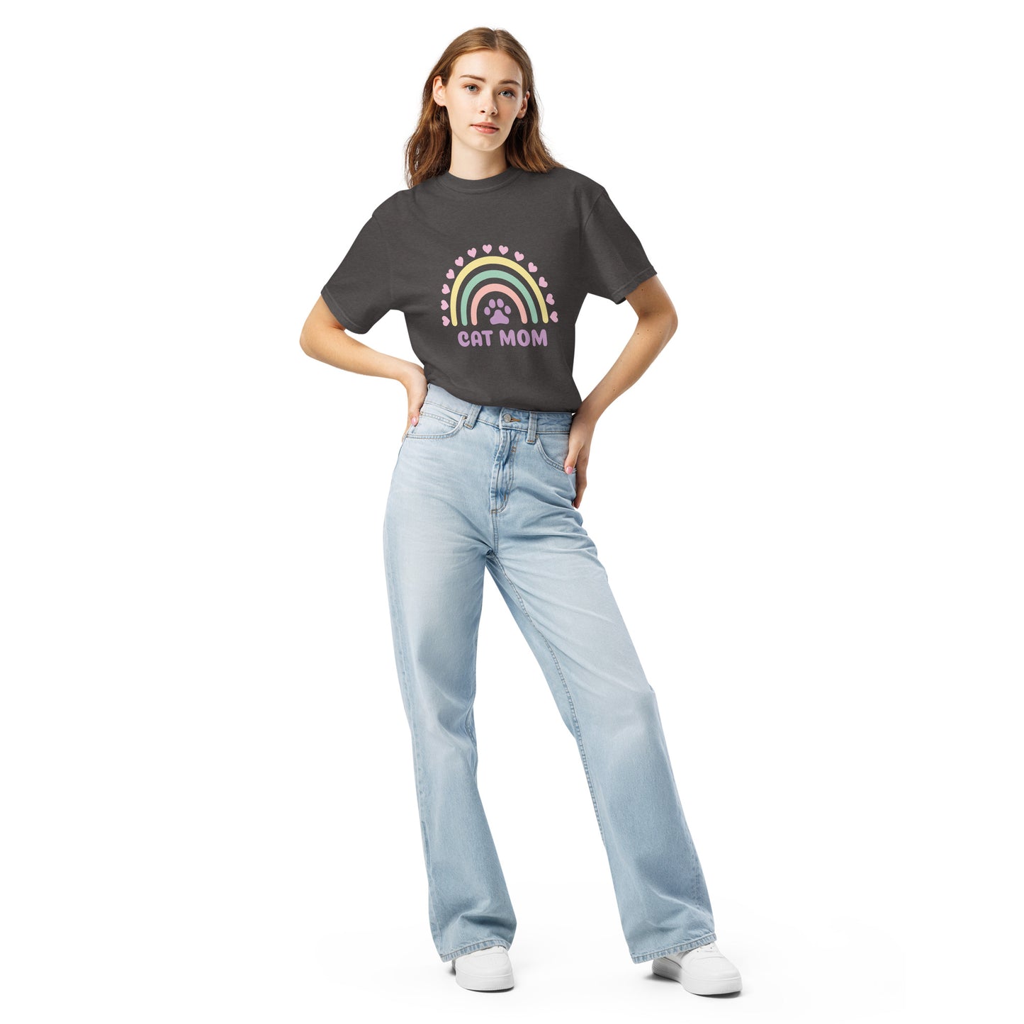 Pet Treasures Studio charcoal T shirt with rainbow hearts and CAT MOM print worn by model cute cat mom gift apparel