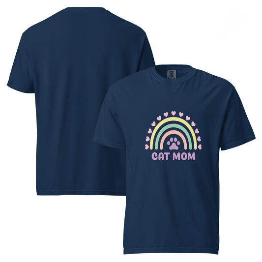 Pet Treasures Studio navy t shirt front and back pastel rainbow paw print Cat Mom design cute cat mom gift apparel