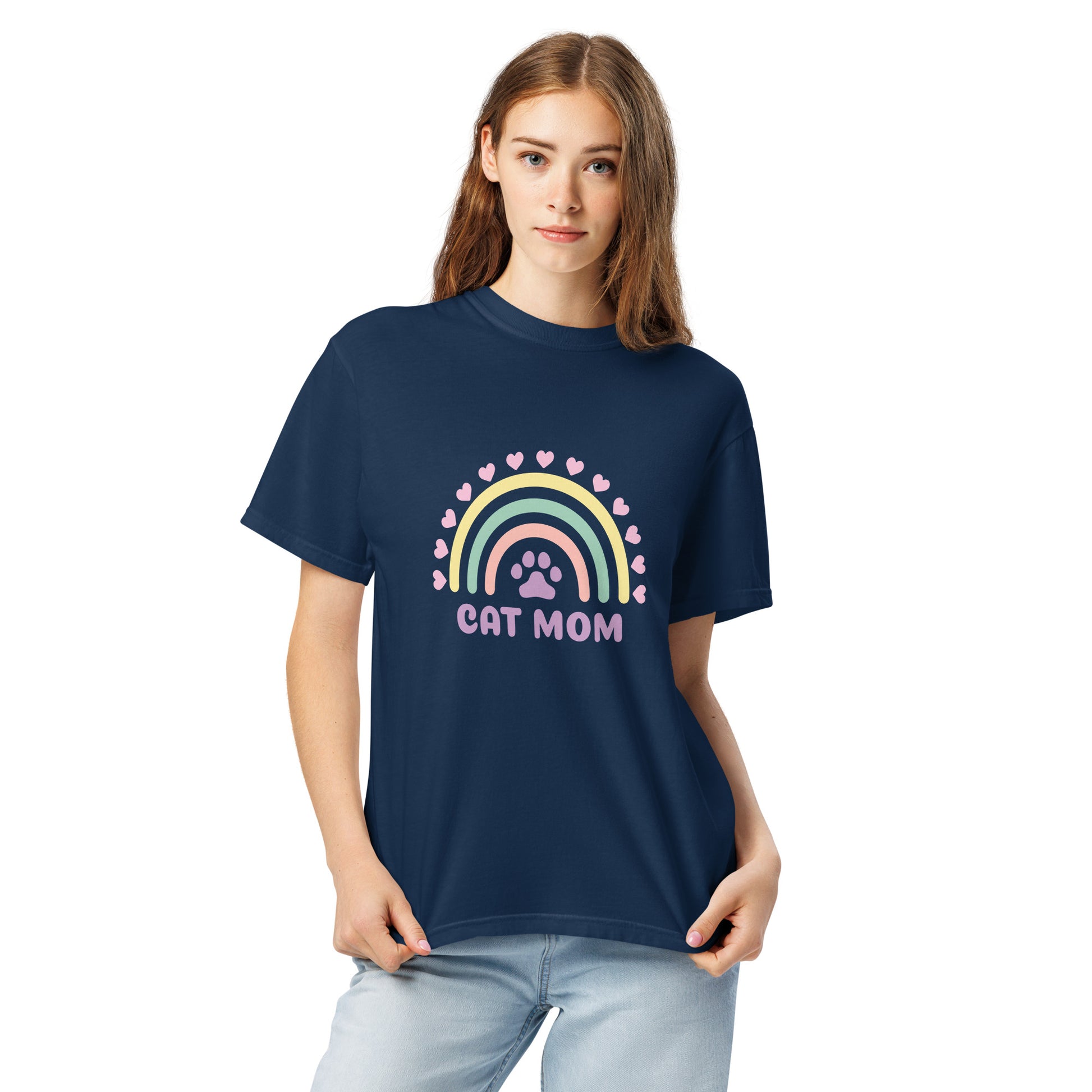 Pet Treasures Studio navy T shirt with pastel rainbow paw print and CAT MOM text for cute cat mom gift apparel