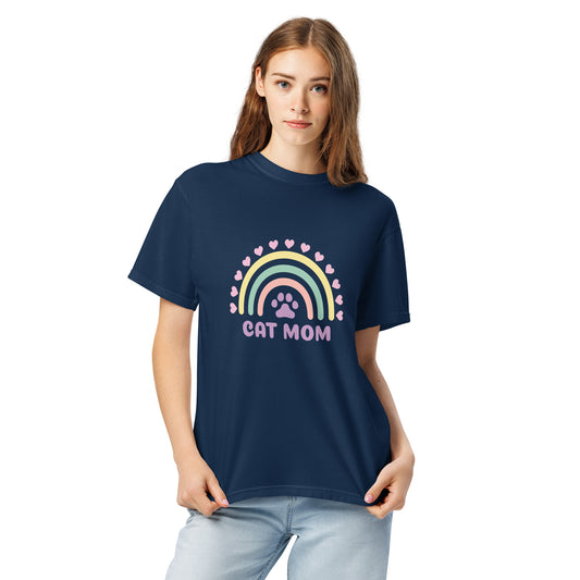 Pet Treasures Studio navy T shirt with pastel rainbow paw print and CAT MOM text for cute cat mom gift apparel