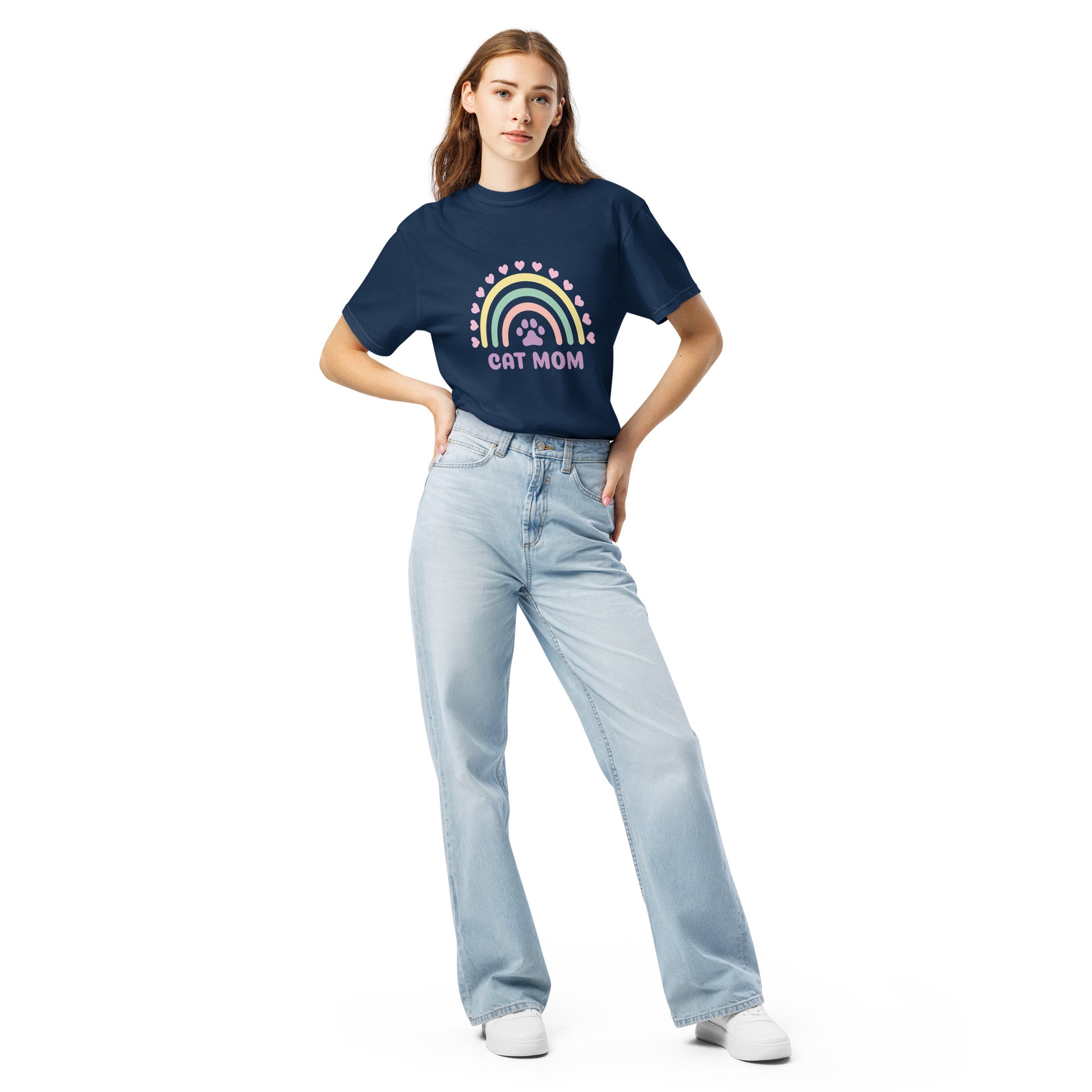 Pet Treasures Studio navy Cat Mom T shirt with rainbow print model wearing cute cat mom gift apparel