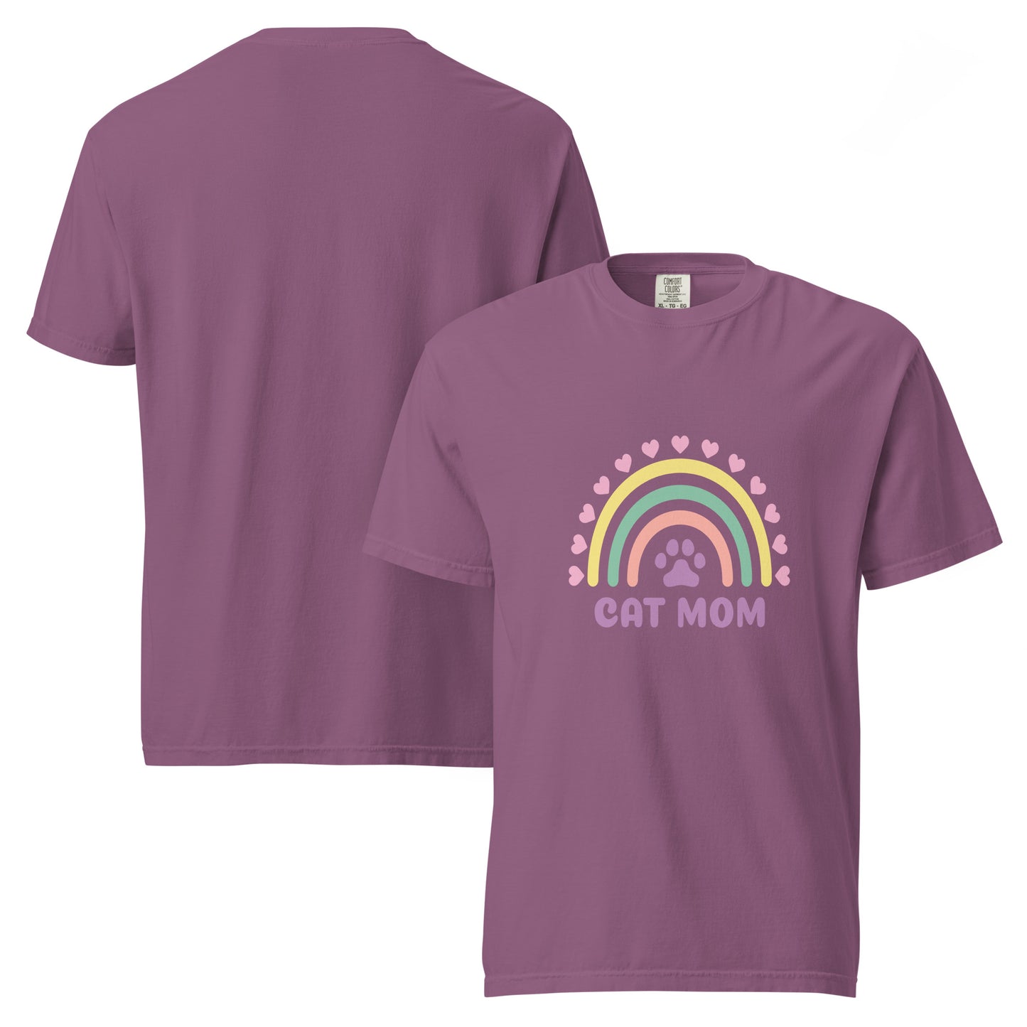 Pet Treasures Studio mauve T shirt with rainbow paw print and CAT MOM text on front cute cat mom gift apparel