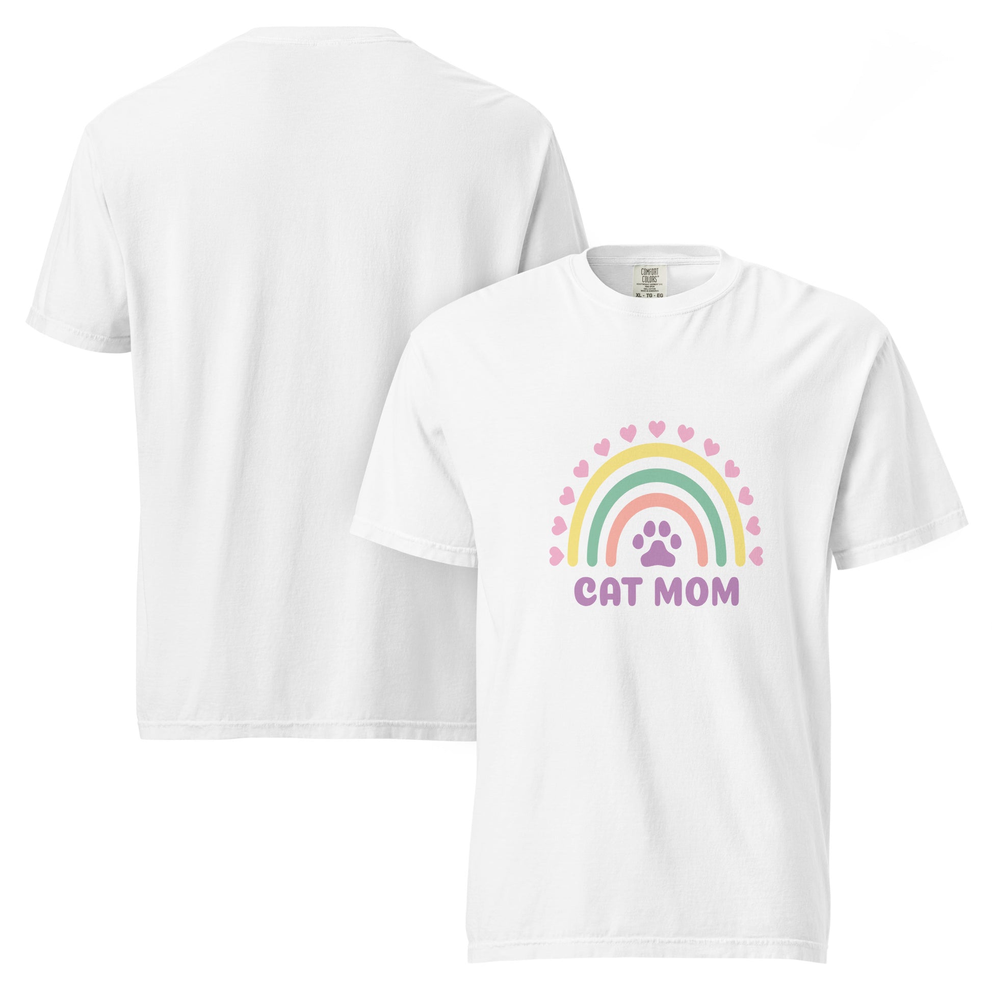Pet Treasures Studio white T shirt with pastel rainbow paw print and CAT MOM text cute cat mom gift apparel