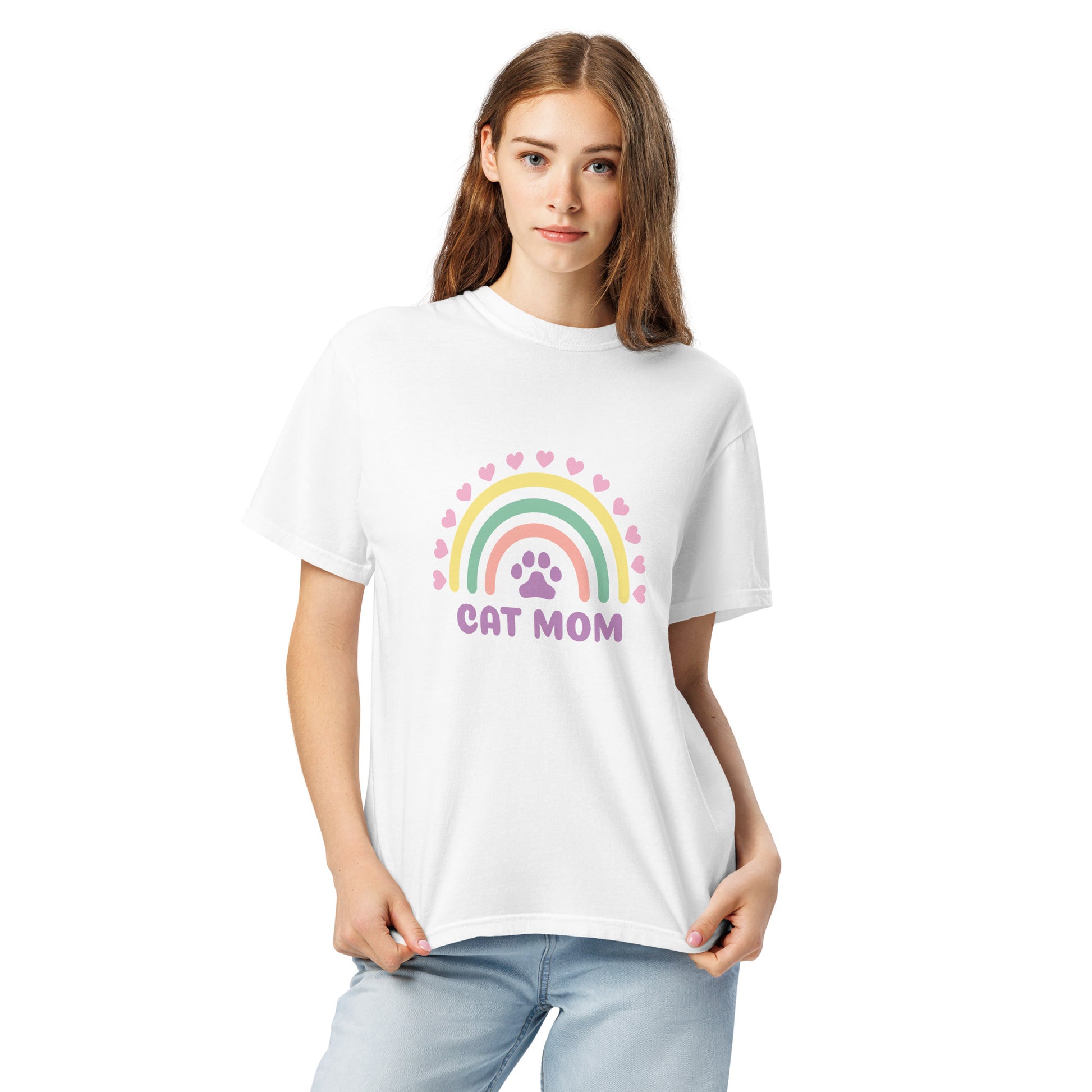 Pet Treasures Studio white T shirt with pastel rainbow paw print and CAT MOM text worn by model cute cat mom gift apparel