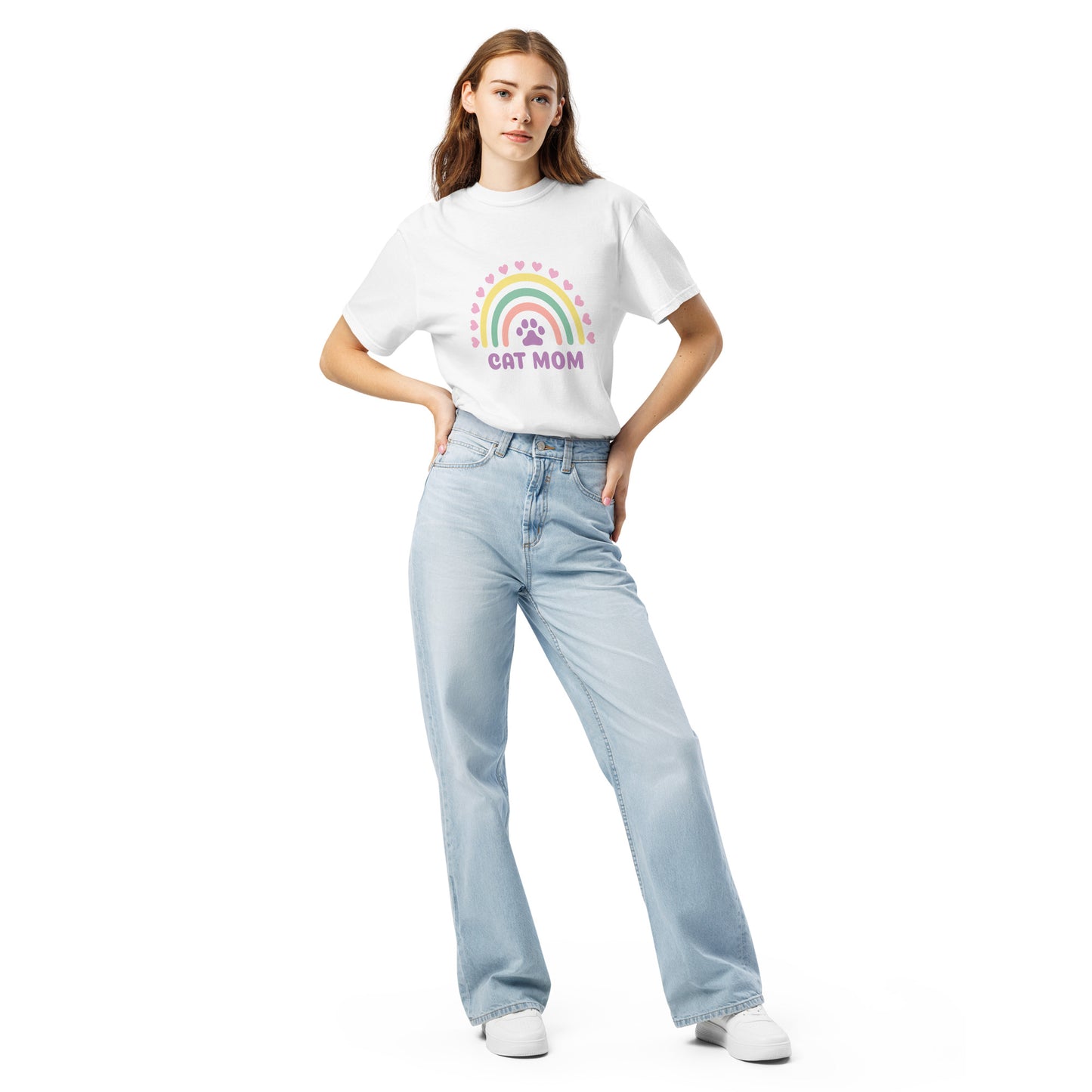Pet Treasures Studio white T shirt with pastel rainbow and CAT MOM print model wearing jeans cute cat mom gift apparel