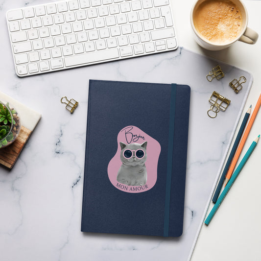 Pet Treasures Studio navy notebook on marble desk with cat sticker pencils clips and coffee unique cat stationery pack