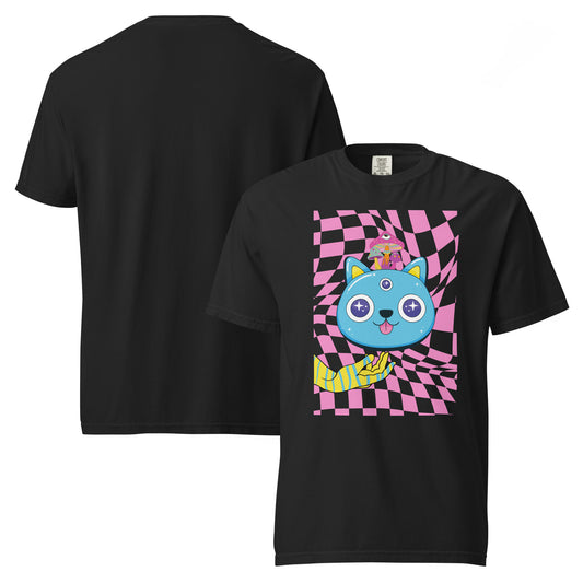 Black unisex psychedelic cat t-shirt with neon blue cat face and pink checkerboard graphic front and back view Pet Treasures Studio