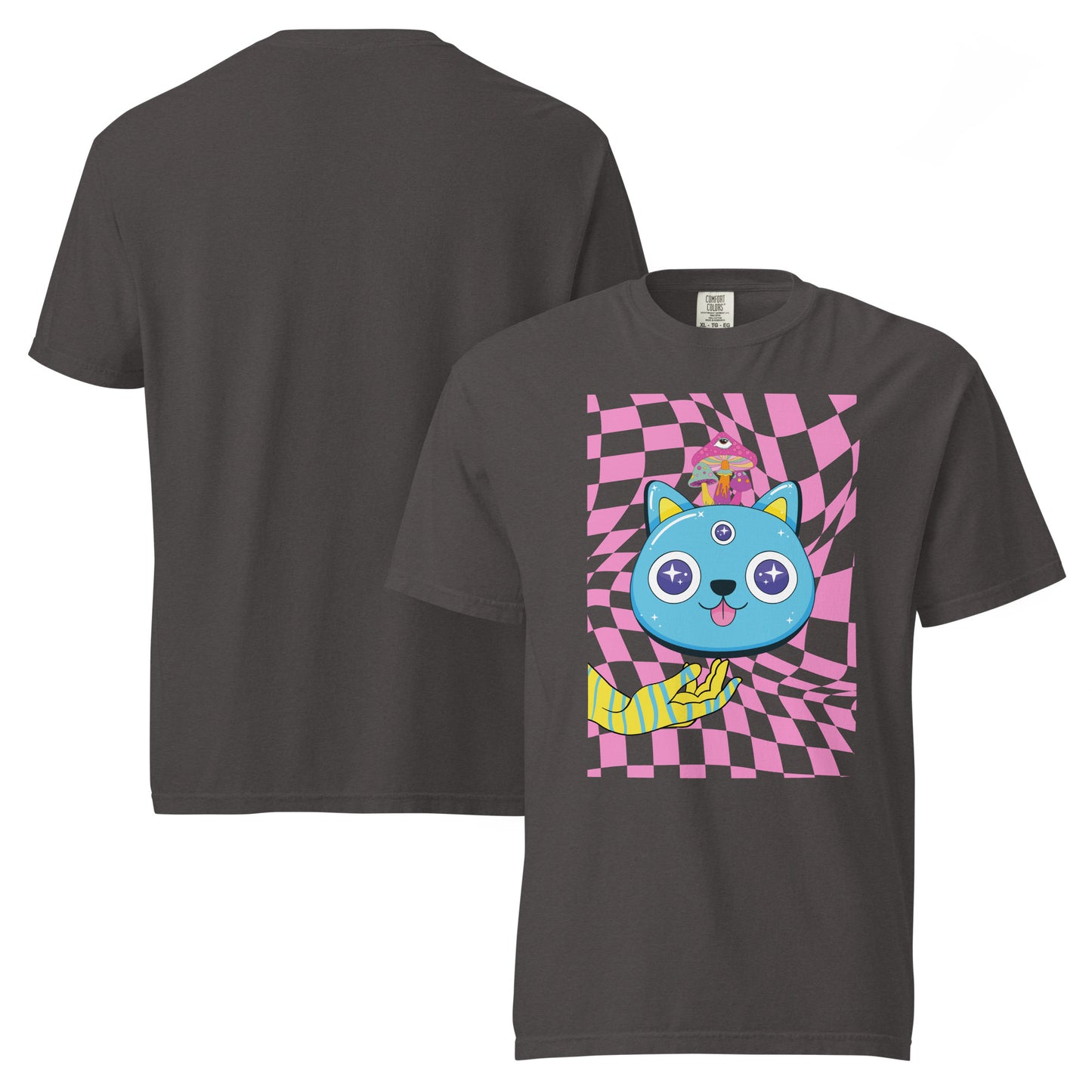Pet Treasures Studio psychedelic cat t-shirt charcoal crew neck with vibrant blue cartoon cat and pink warped checkerboard