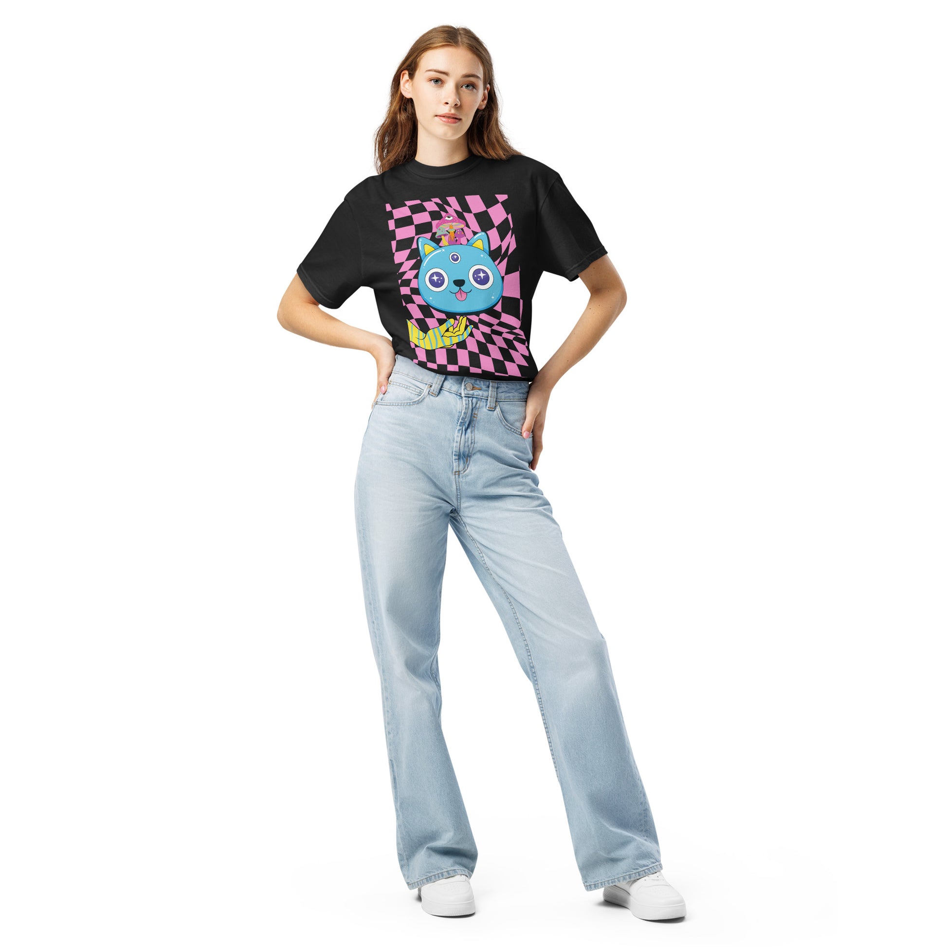 Pet Treasures Studio model wearing black psychedelic cat t-shirt with neon blue cat and pink chequerboard