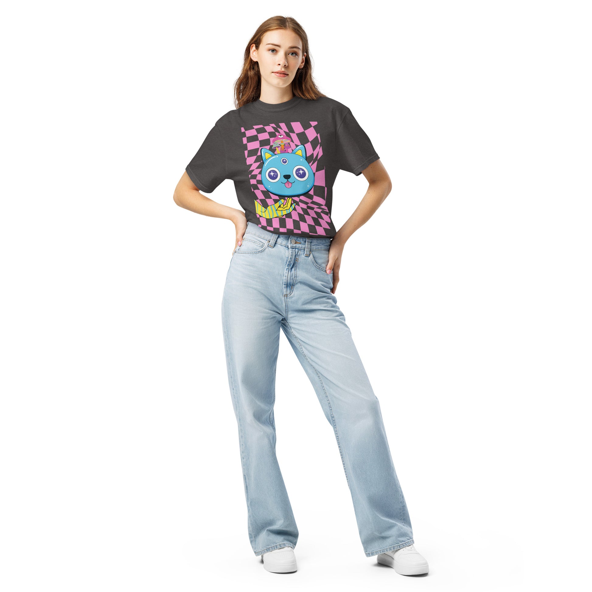 Pet Treasures Studio model wearing a black psychedelic cat t-shirt with colourful checkerboard cat print and casual jeans