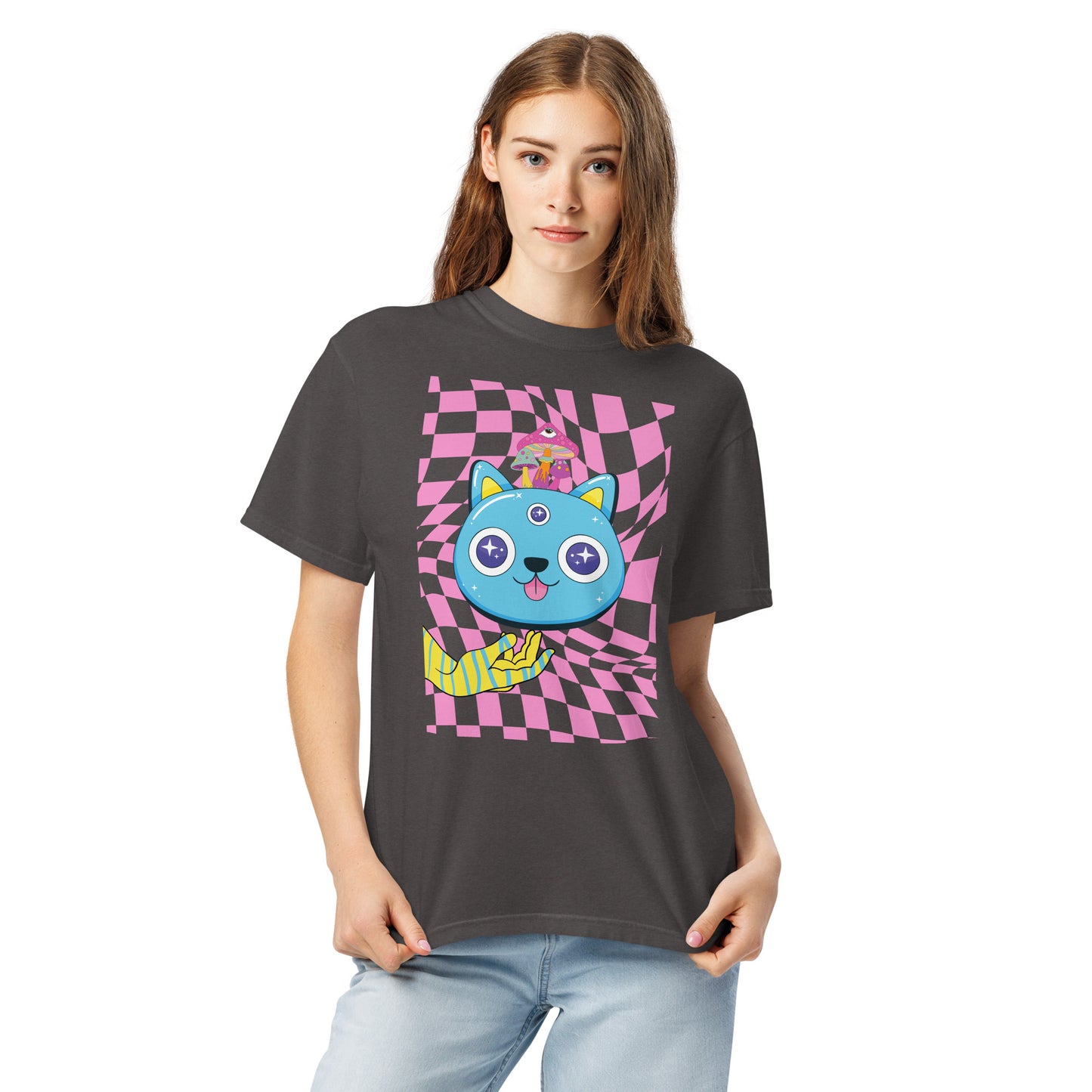Pet Treasures Studio psychedelic cat t-shirt charcoal crew neck featuring colourful blue cat face on pink checkerboard