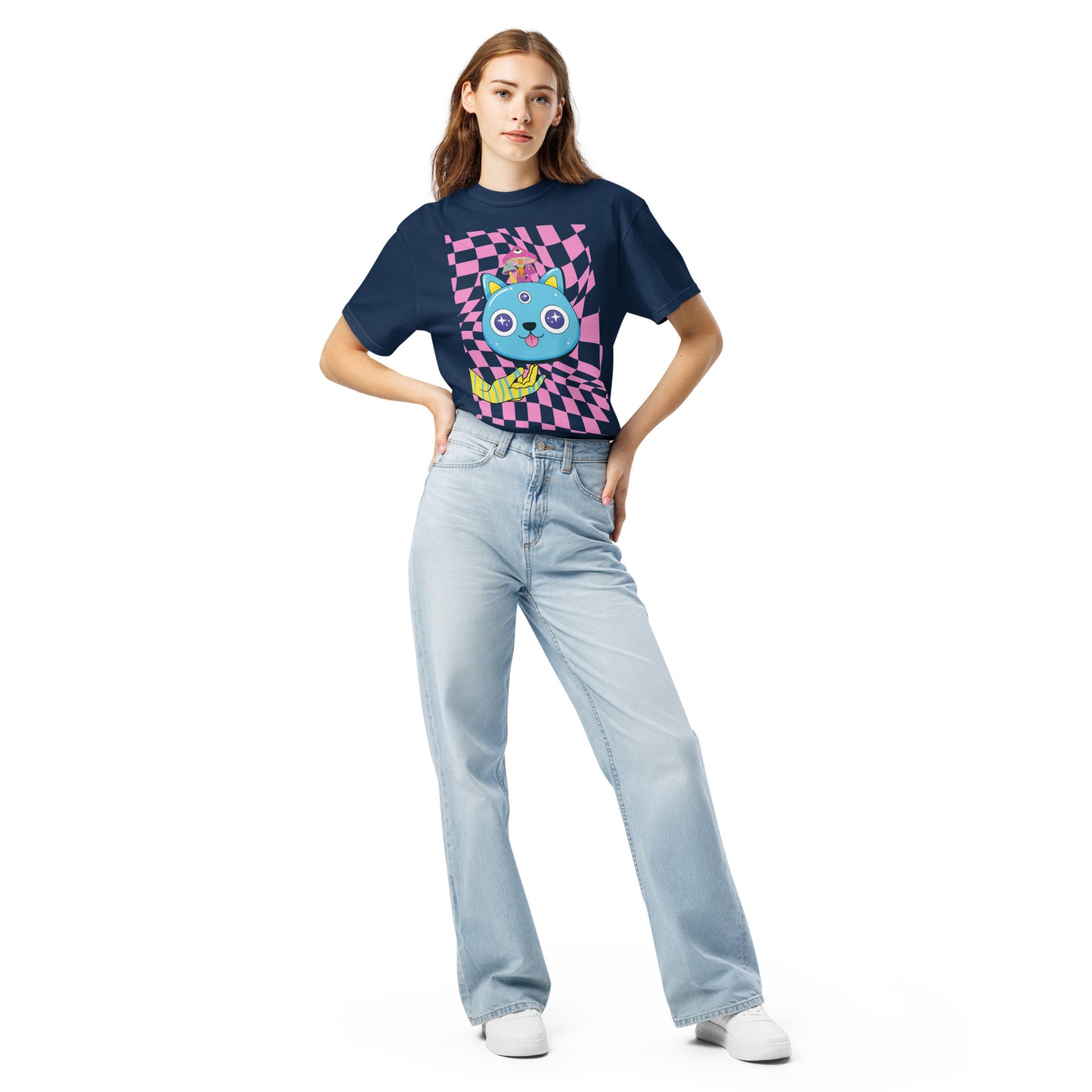 Pet Treasures Studio model wearing navy crop top with colourful psychedelic cat t-shirt design and light blue jeans