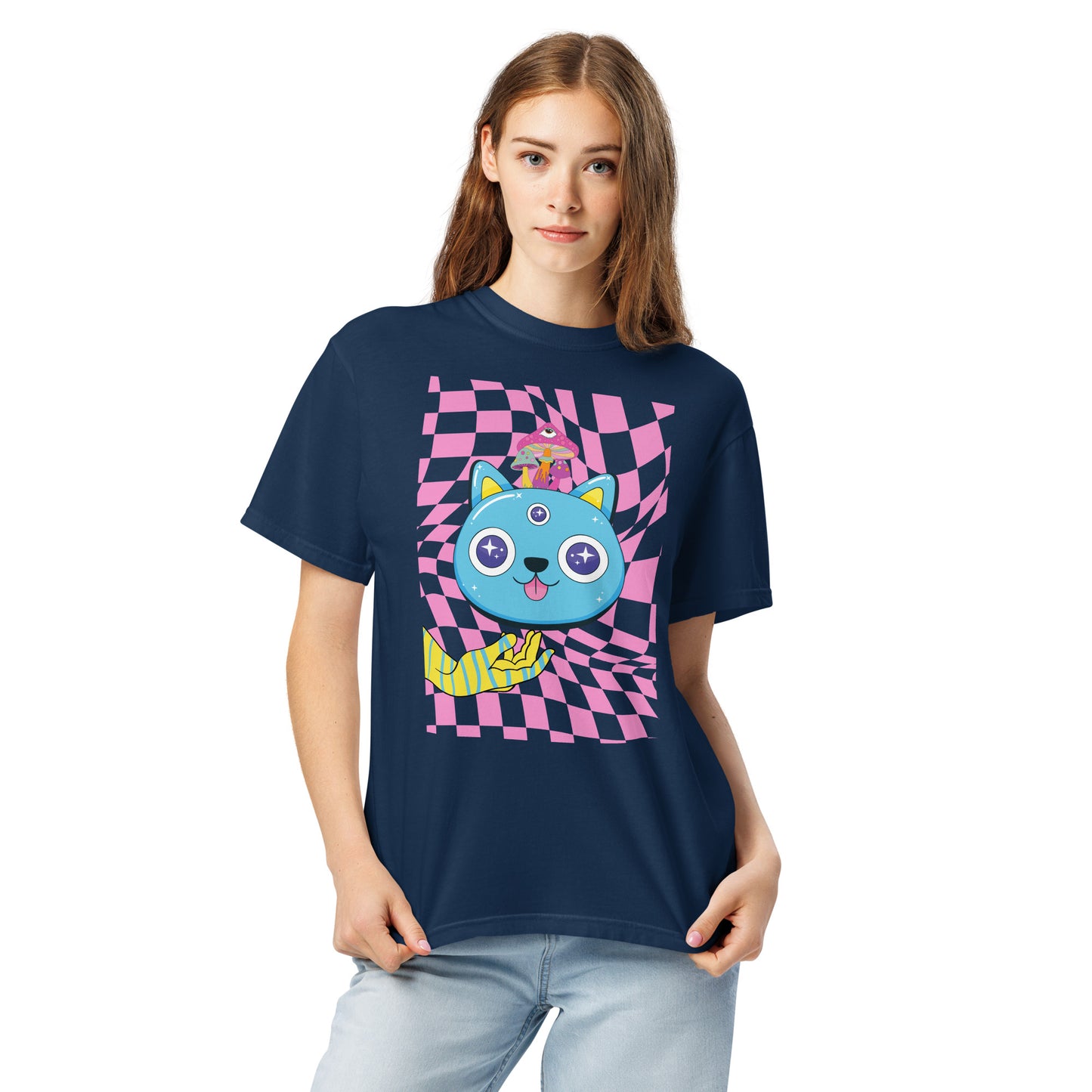 Pet Treasures Studio navy psychedelic cat t-shirt featuring blue cartoon cat face, pink checkerboard swirl and quirky details