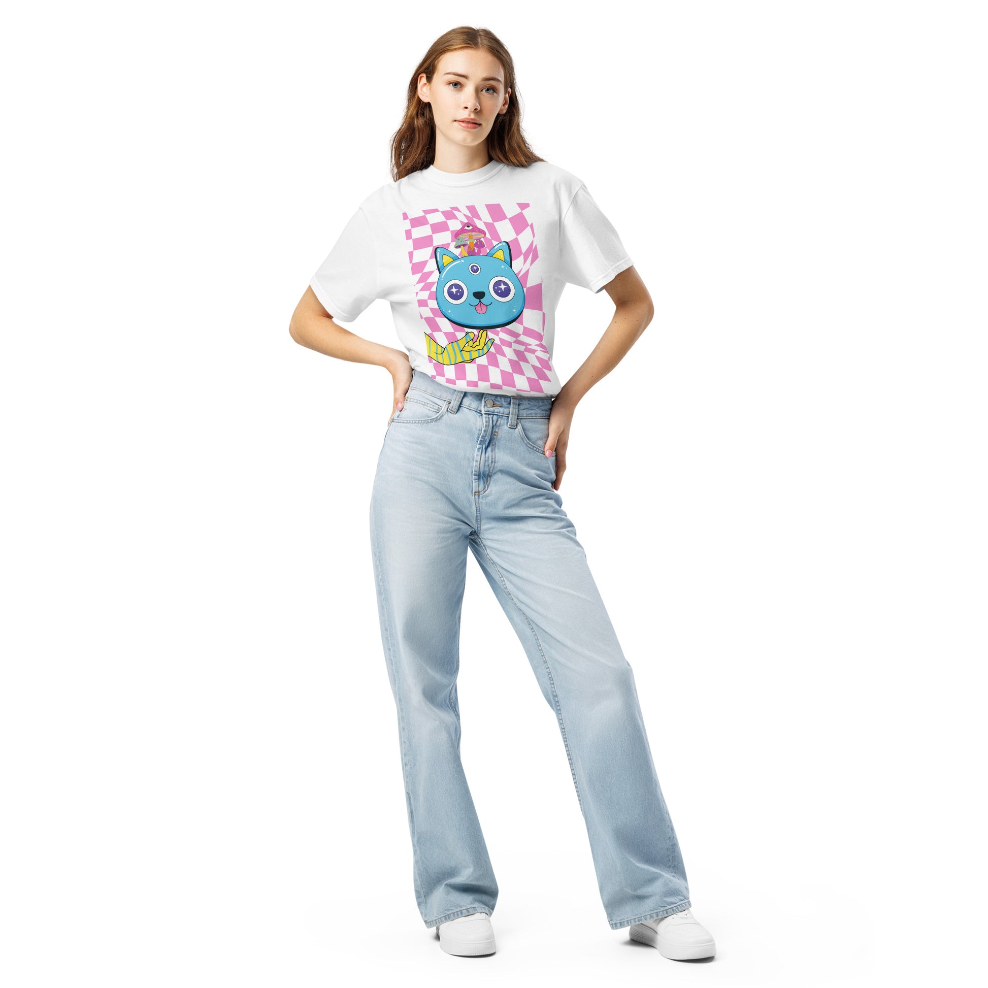 Pet Treasures Studio psychedelic cat t-shirt white relaxed fit on model with blue cat graphic and pink checkerboard