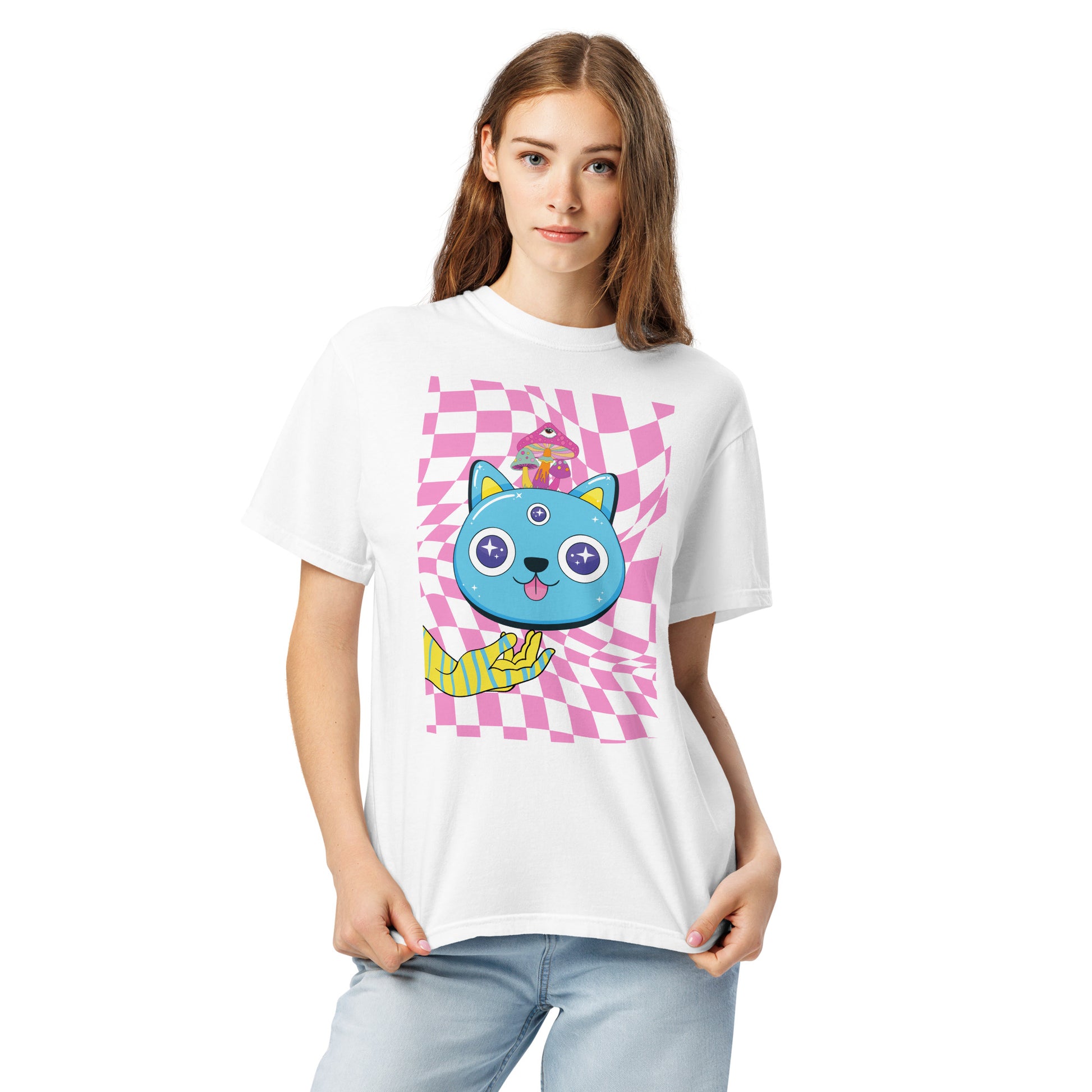Pet Treasures Studio psychedelic cat t-shirt on model white tee with colourful blue cat and pink checkerboard background