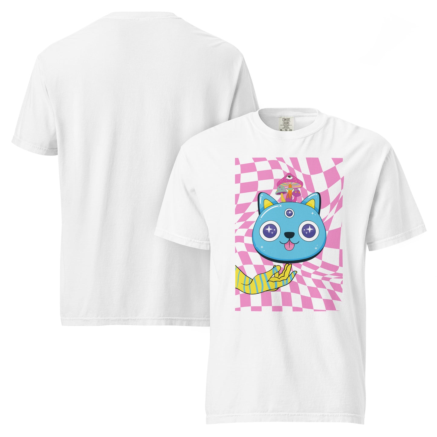 White crew neck psychedelic cat t-shirt showing front and back with colourful blue cat face on pink checkerboard