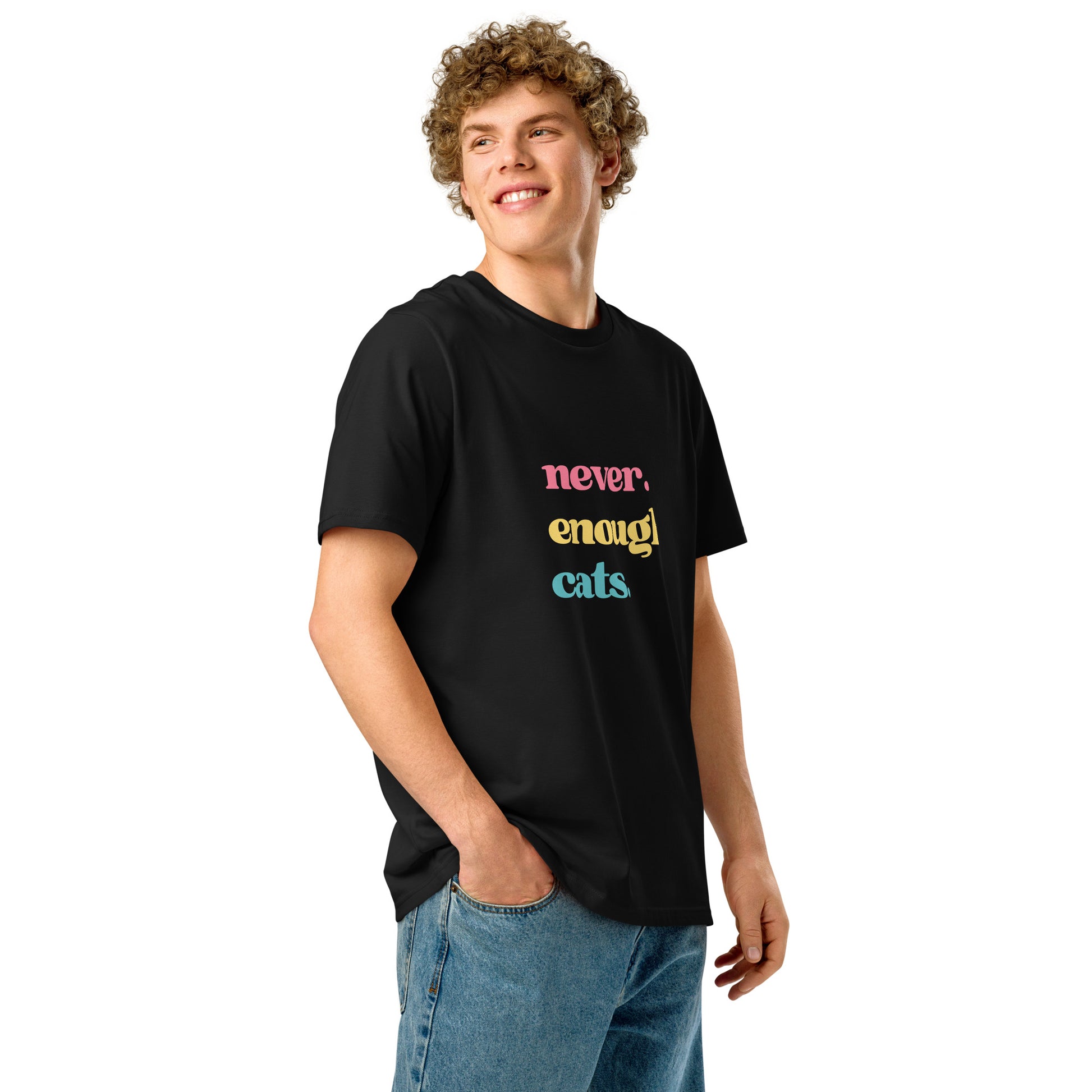 Black never enough cats tee featuring colourful text for cat lovers by Pet Treasures Studio