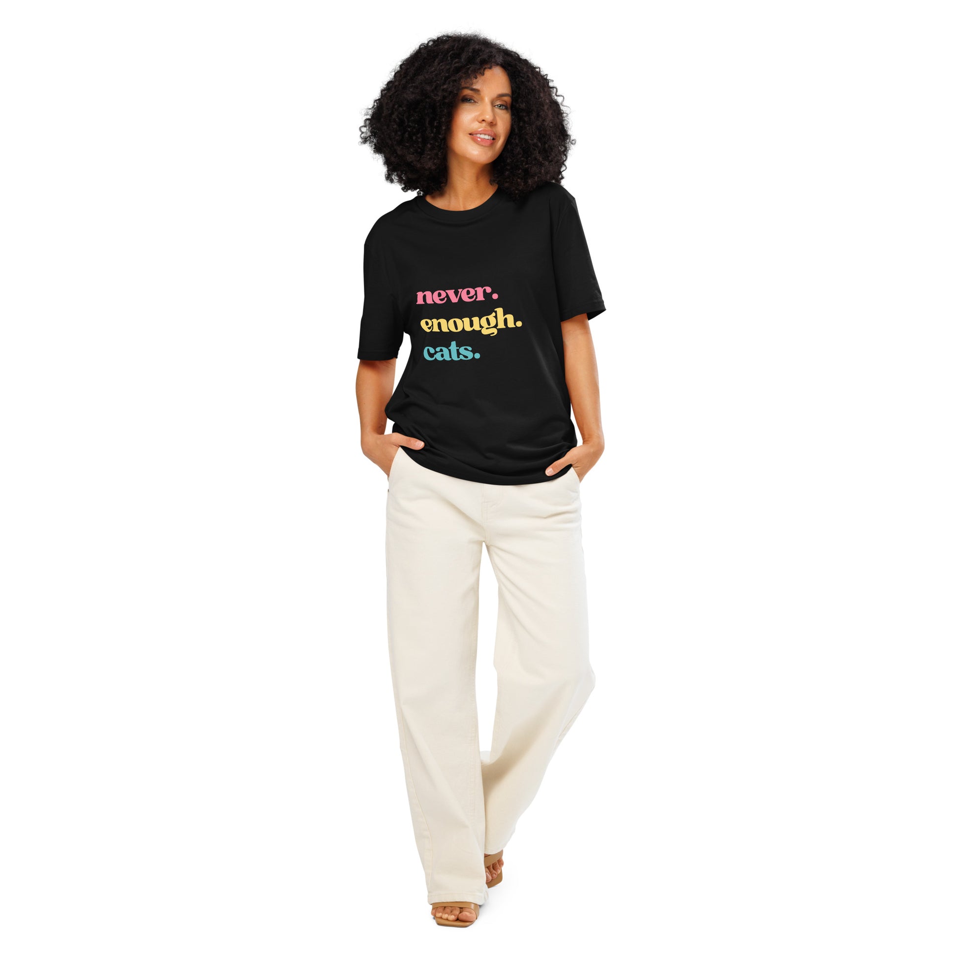 Woman wearing a black never enough cats tee with colourful text, perfect for cat lovers