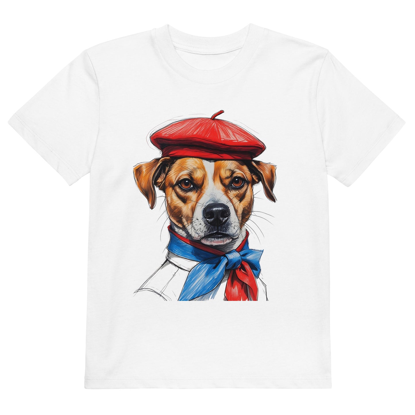 Pet Treasures Studio white T shirt with illustrated Jack Russell in red beret and blue scarf Jack Russell Kids Shirt