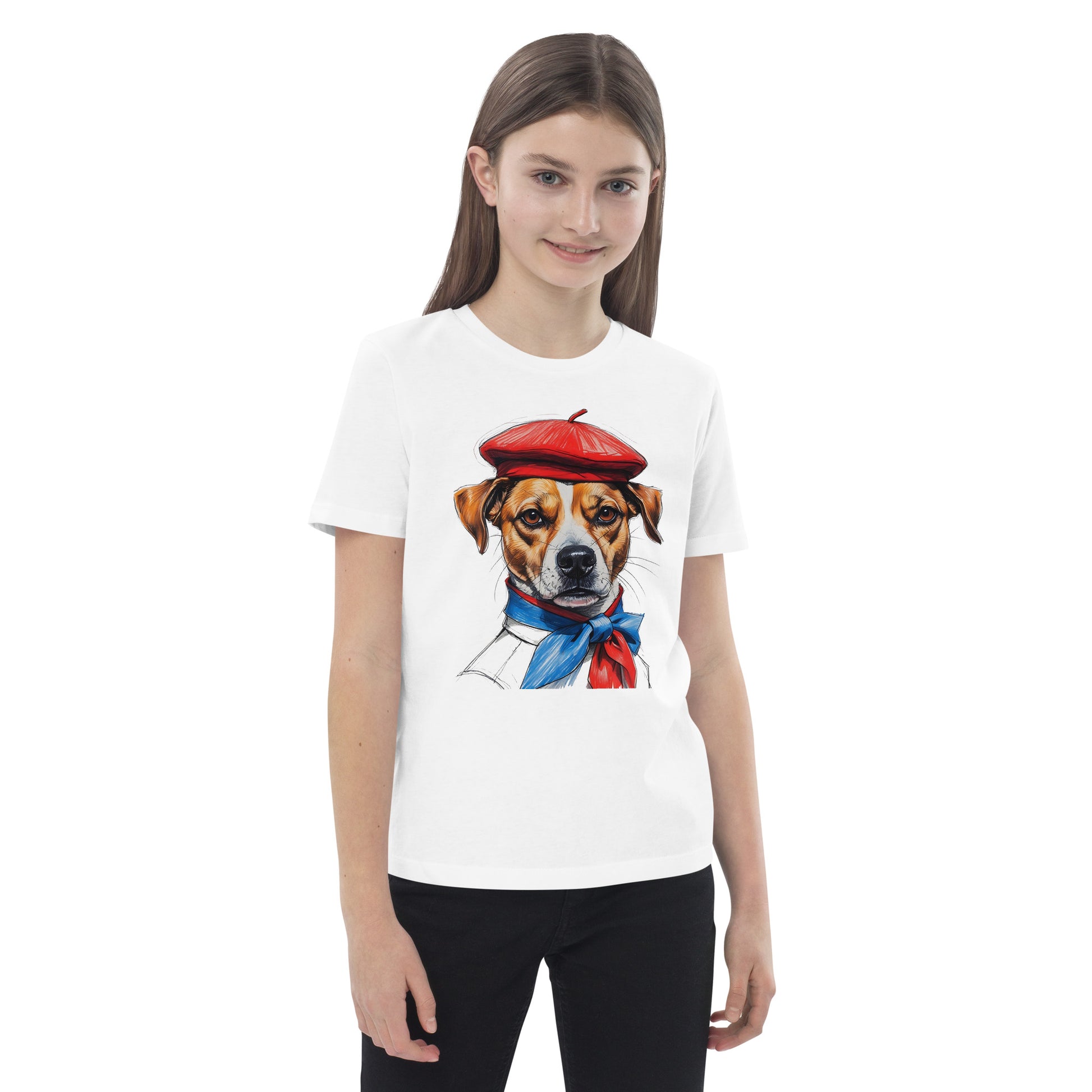 Pet Treasures Studio Jack Russell Kids Shirt white tee with illustrated Jack Russell in beret and scarf