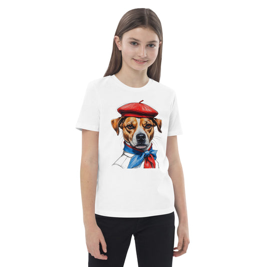 Pet Treasures Studio Jack Russell Kids Shirt white tee with illustrated Jack Russell in beret and scarf