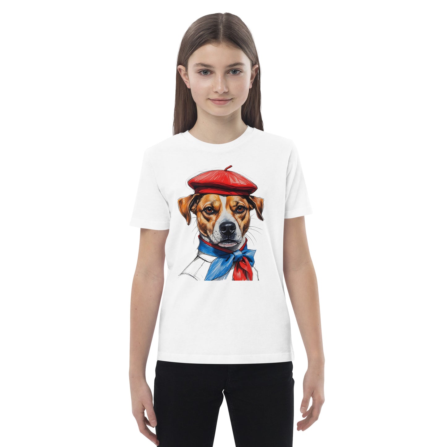 Pet Treasures Studio Jack Russell Kids Shirt child model in white tee with Jack Russell illustration in red beret and blue scarf