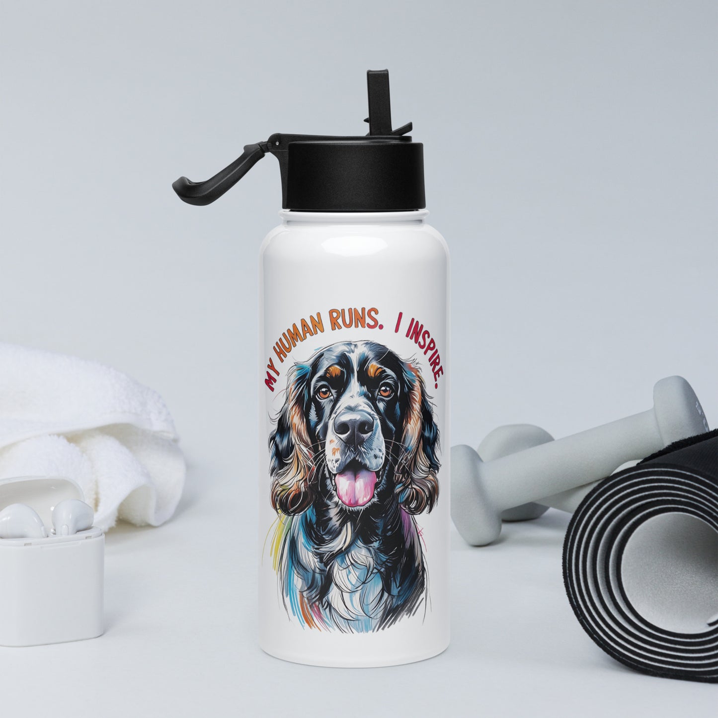 Pet Treasures Studio white bottle with colorful Cocker Spaniel portrait and I inspire My Human Runs text gifts for Cocker Spaniel lovers