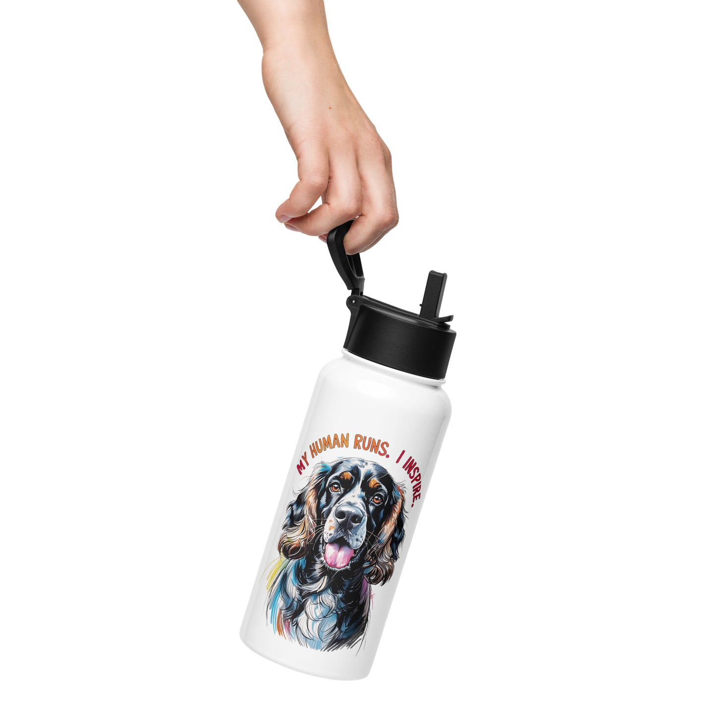 White water bottle with colorful Cocker Spaniel design and text My Human Runs I Inspire ideal gifts for Cocker Spaniel lovers